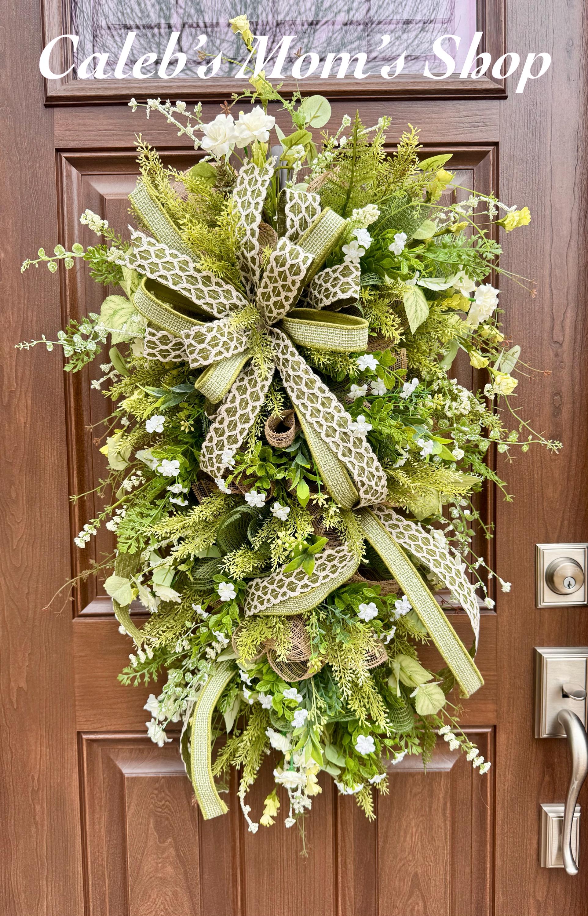 Spring Greenery Door Swag Wreath, Neutral Front Door Decor, Farmhouse Floral Wreath with Large Bow, Everyday Porch Decor