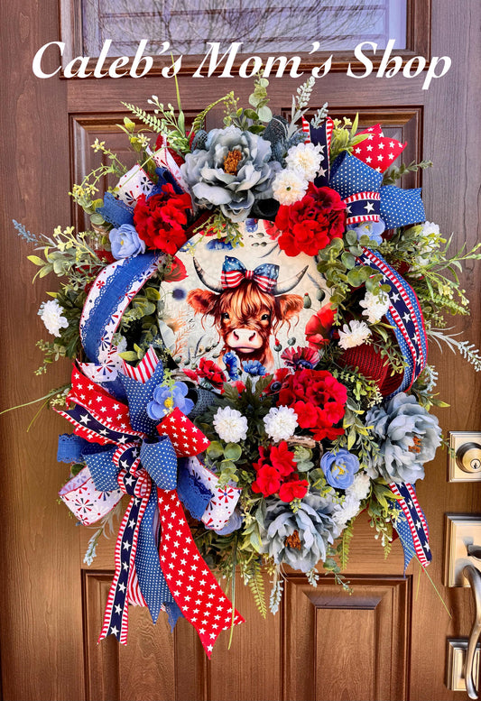 Patriotic Highland Cow Wreath for Front Door or Indoor Decor