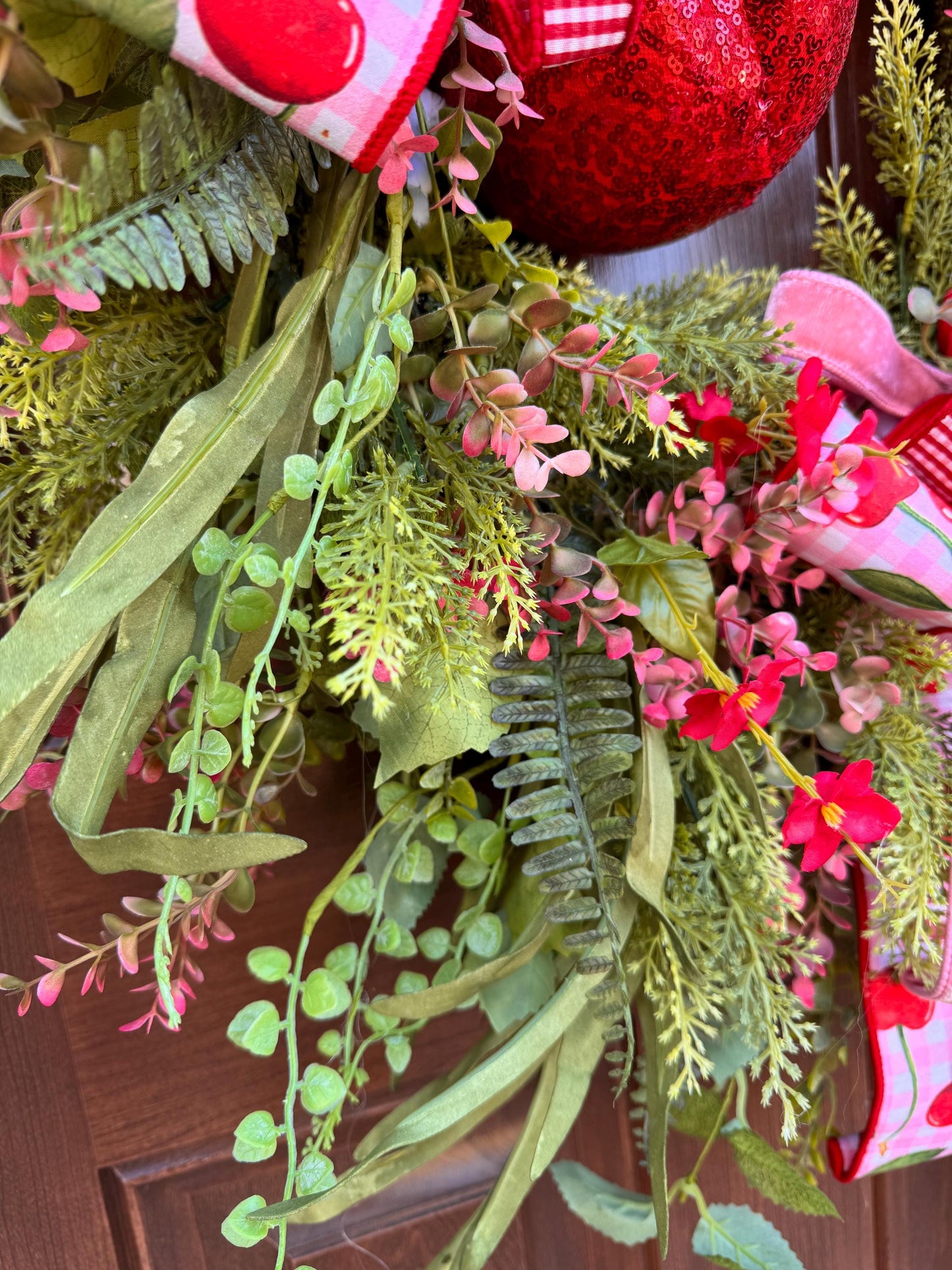 Pink Cherry Moss Wreath, Summer Decor for Outdoor Porch or Indoor Office, Cherry Door Decor, Spring Home Accent