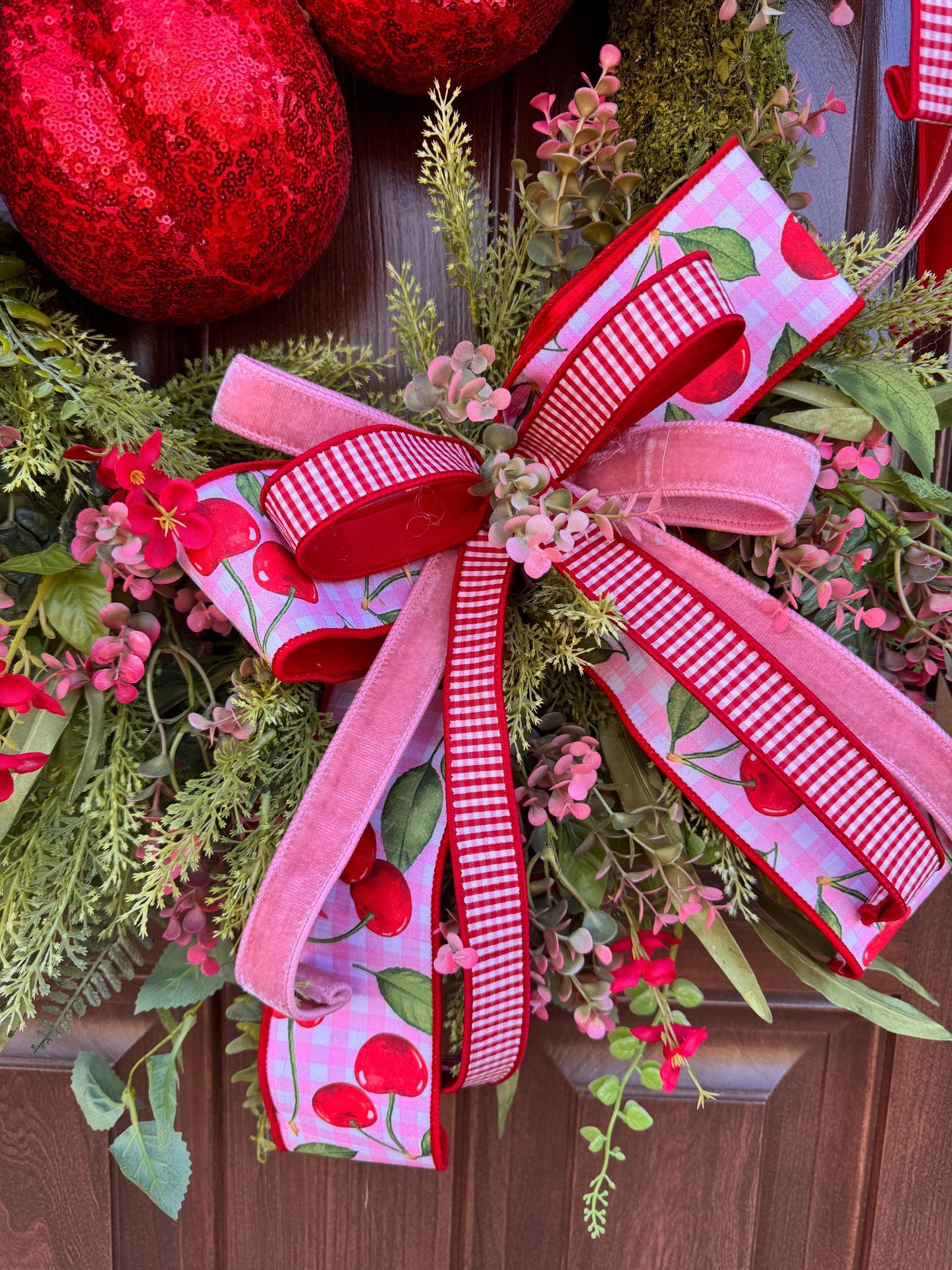 Pink Cherry Moss Wreath, Summer Decor for Outdoor Porch or Indoor Office, Cherry Door Decor, Spring Home Accent