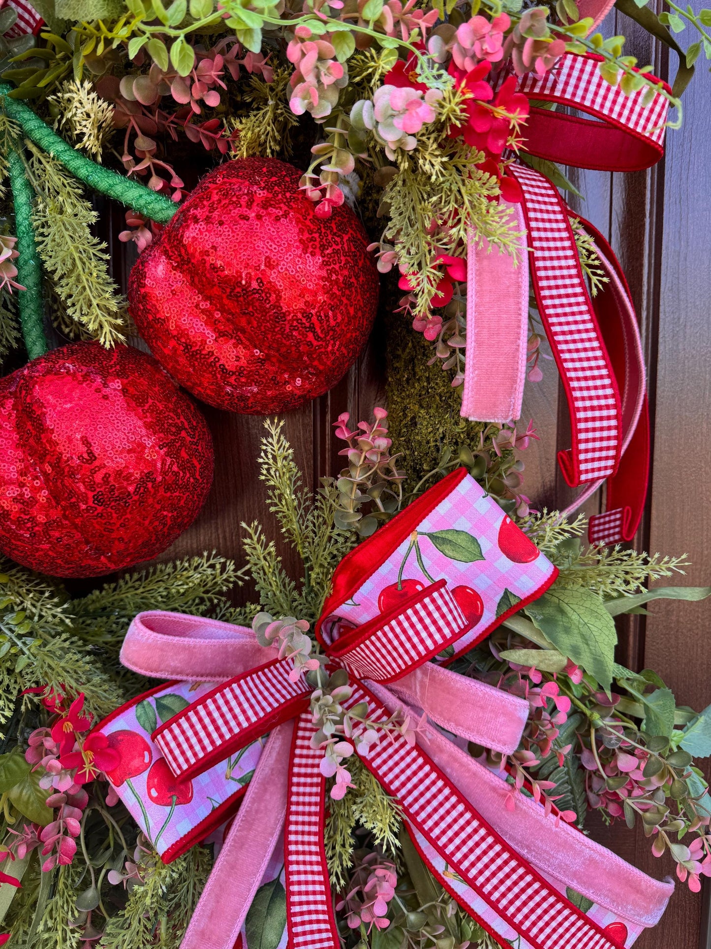 Pink Cherry Moss Wreath, Summer Decor for Outdoor Porch or Indoor Office, Cherry Door Decor, Spring Home Accent