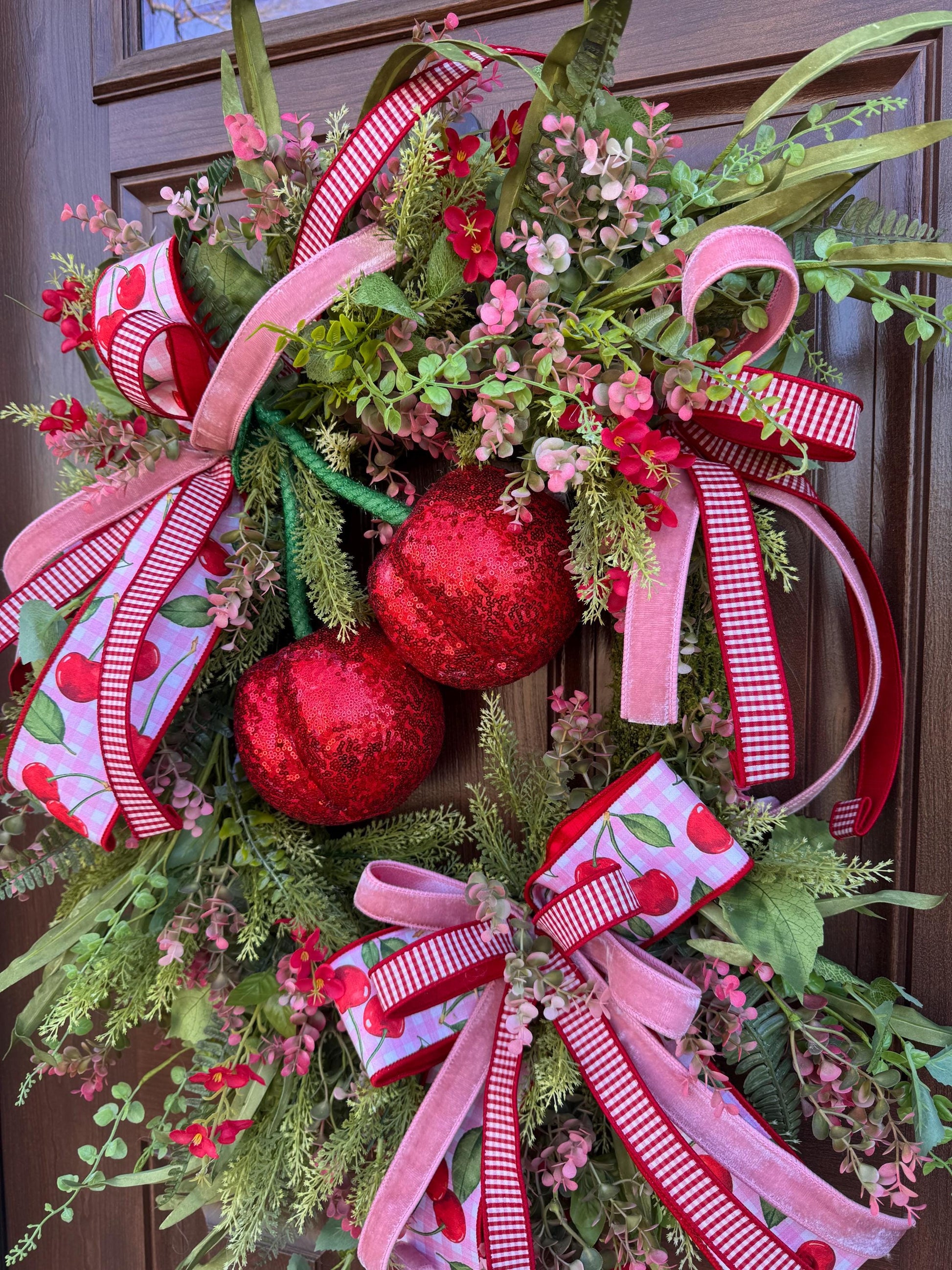 Pink Cherry Moss Wreath, Summer Decor for Outdoor Porch or Indoor Office, Cherry Door Decor, Spring Home Accent