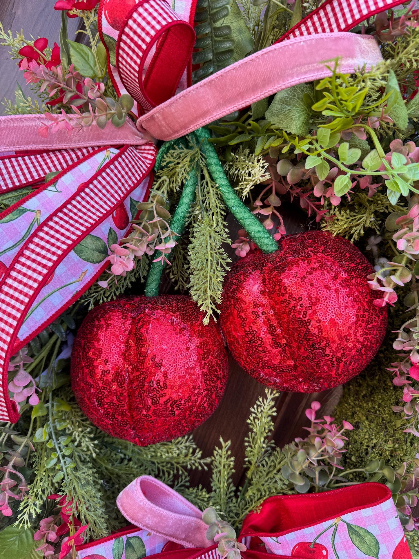 Pink Cherry Moss Wreath, Summer Decor for Outdoor Porch or Indoor Office, Cherry Door Decor, Spring Home Accent
