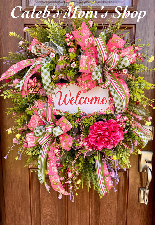 Spring Floral Welcome Wreath, Pink Green Front Door Wreath, Easter Wreath, Garden Style Wreath, Everyday Door Decor