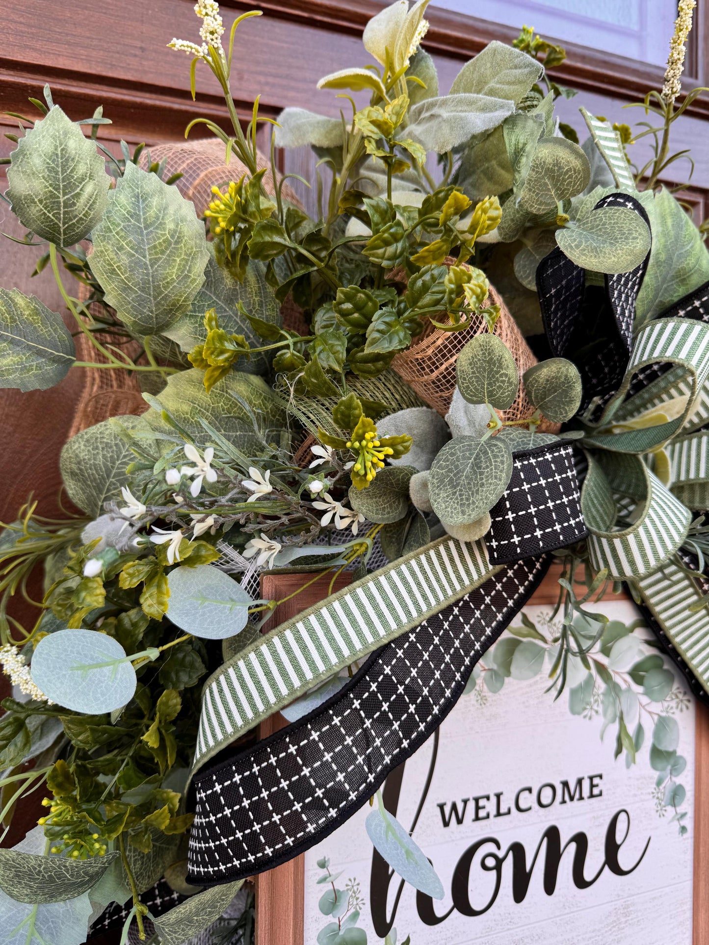 Welcome Home Wreath, Everyday Front Door Decor, Farmhouse Greenery Hanger with Welcome Sign, Year Round Door Decoration