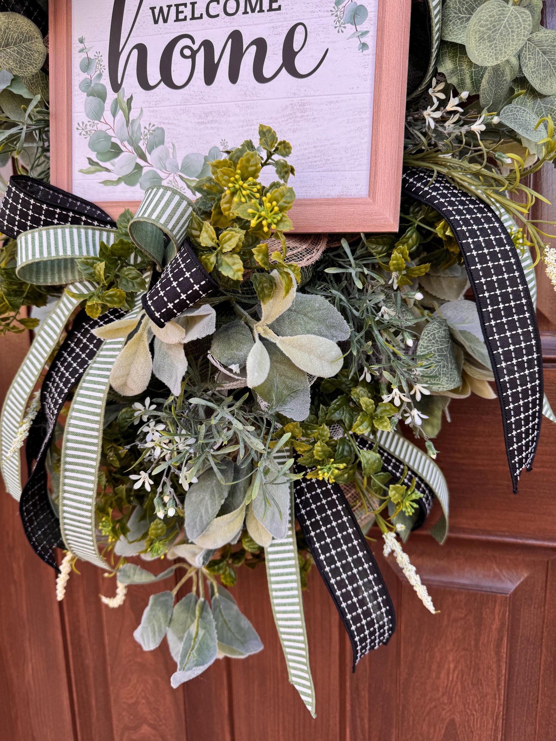 Welcome Home Wreath, Everyday Front Door Decor, Farmhouse Greenery Hanger with Welcome Sign, Year Round Door Decoration