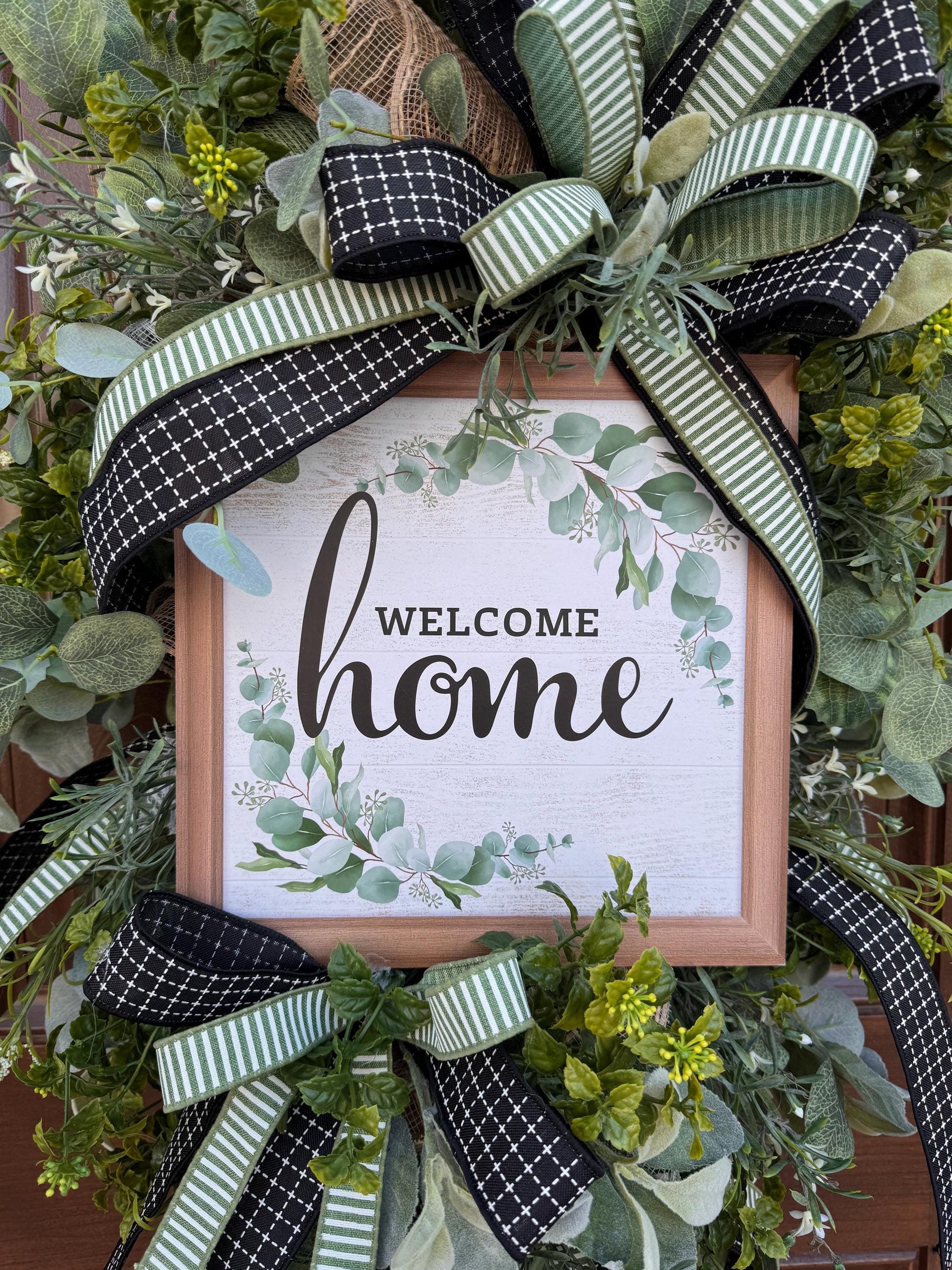 Welcome Home Wreath, Everyday Front Door Decor, Farmhouse Greenery Hanger with Welcome Sign, Year Round Door Decoration