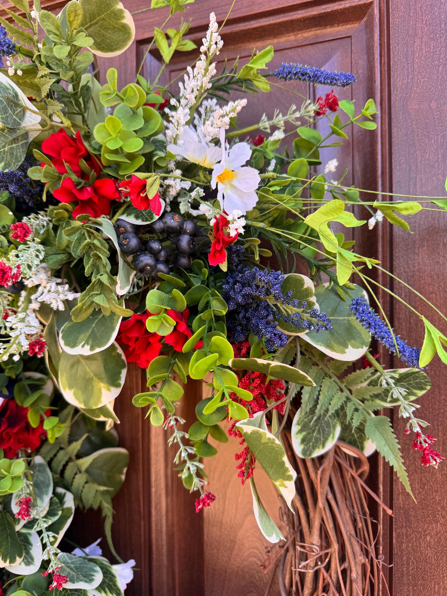 Patriotic Summer Wreath for Front Door, 4th of July Wreath, Red White Blue Floral Wreath, Americana Door Decor, Farmhouse Patriotic Wreath