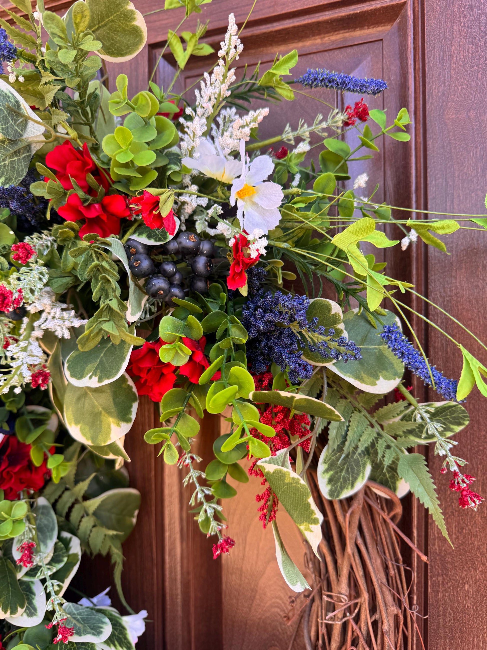 Patriotic Summer Wreath for Front Door, 4th of July Wreath, Red White Blue Floral Wreath, Americana Door Decor, Farmhouse Patriotic Wreath