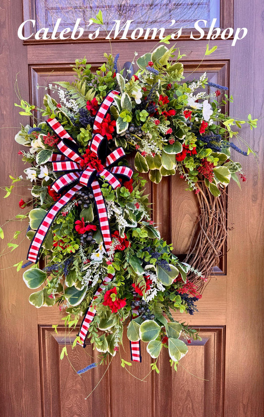 Patriotic Summer Wreath for Front Door, 4th of July Wreath, Red White Blue Floral Wreath, Americana Door Decor, Farmhouse Patriotic Wreath