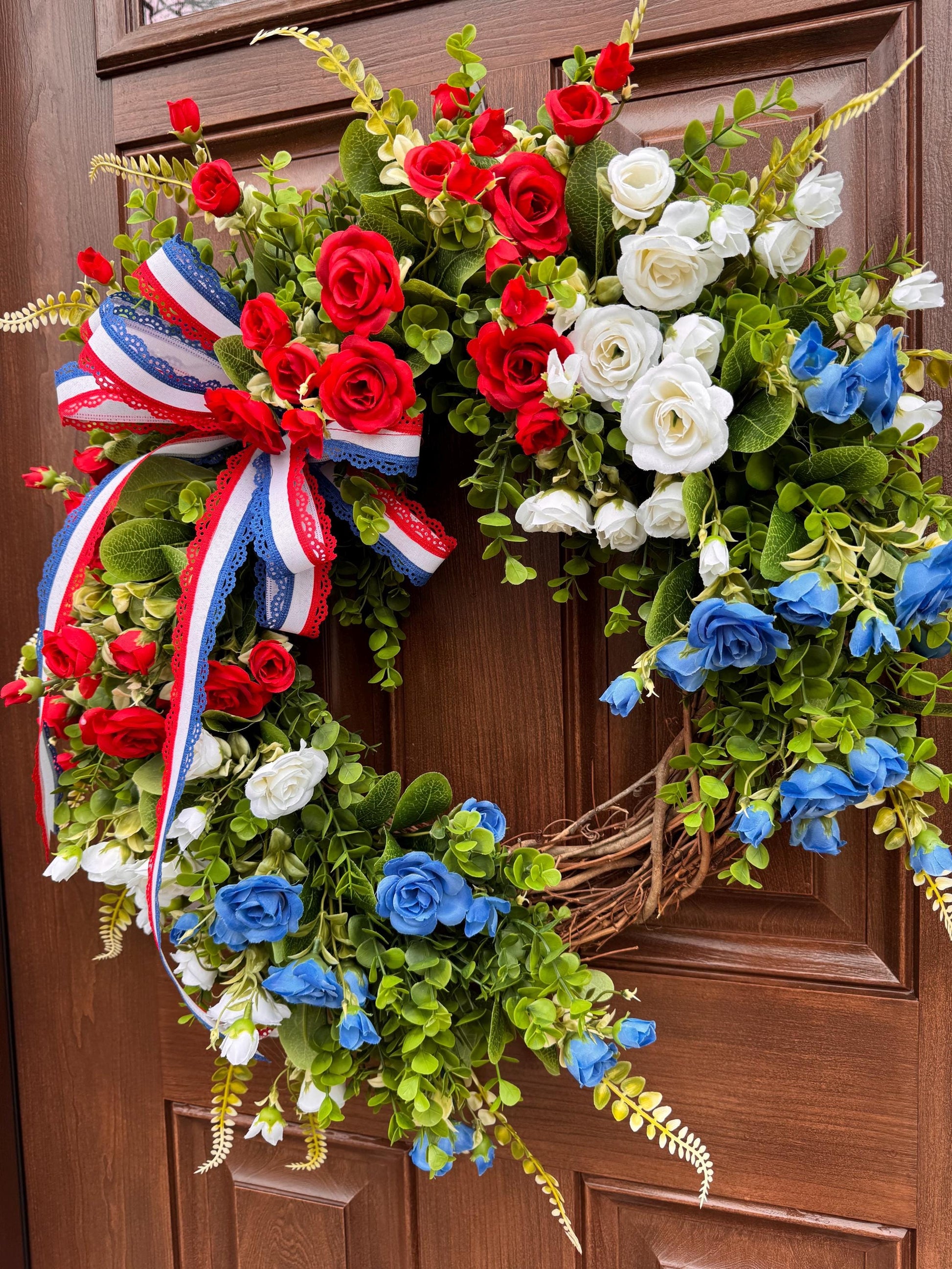 Patriotic Grapevine Wreath, Red White and Blue Front Door Wreath, Fourth of July Wreath, Memorial Day Decor, Americana Summer Door Wreath