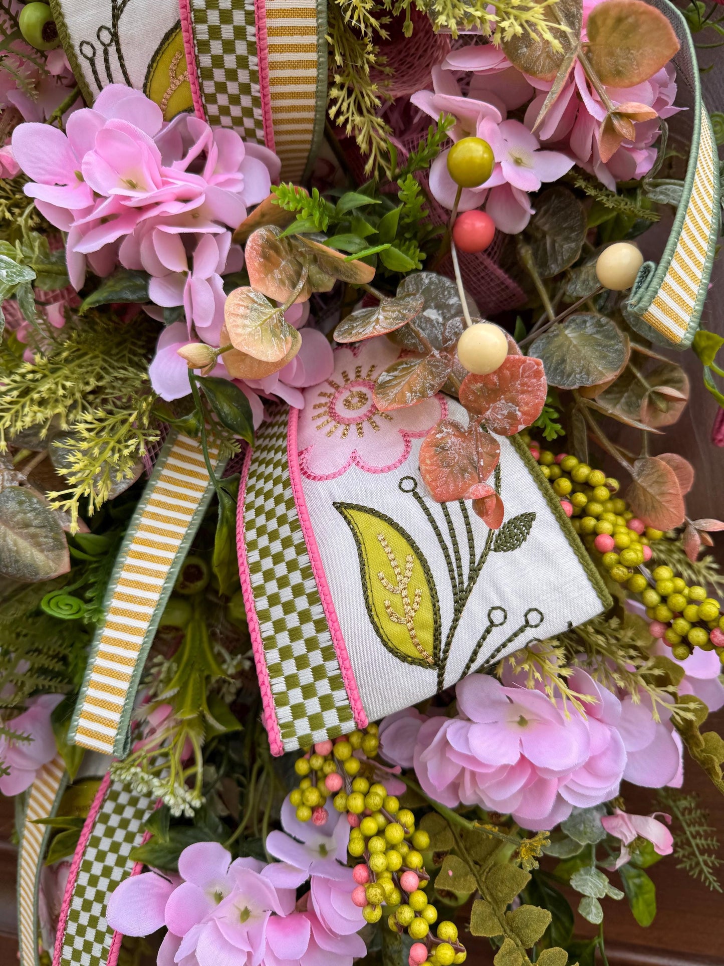 Pink Hydrangea Teardrop Door Swag | Farmhouse Cottagecore Spring Summer Floral Entryway Decor with Ribbon Bow