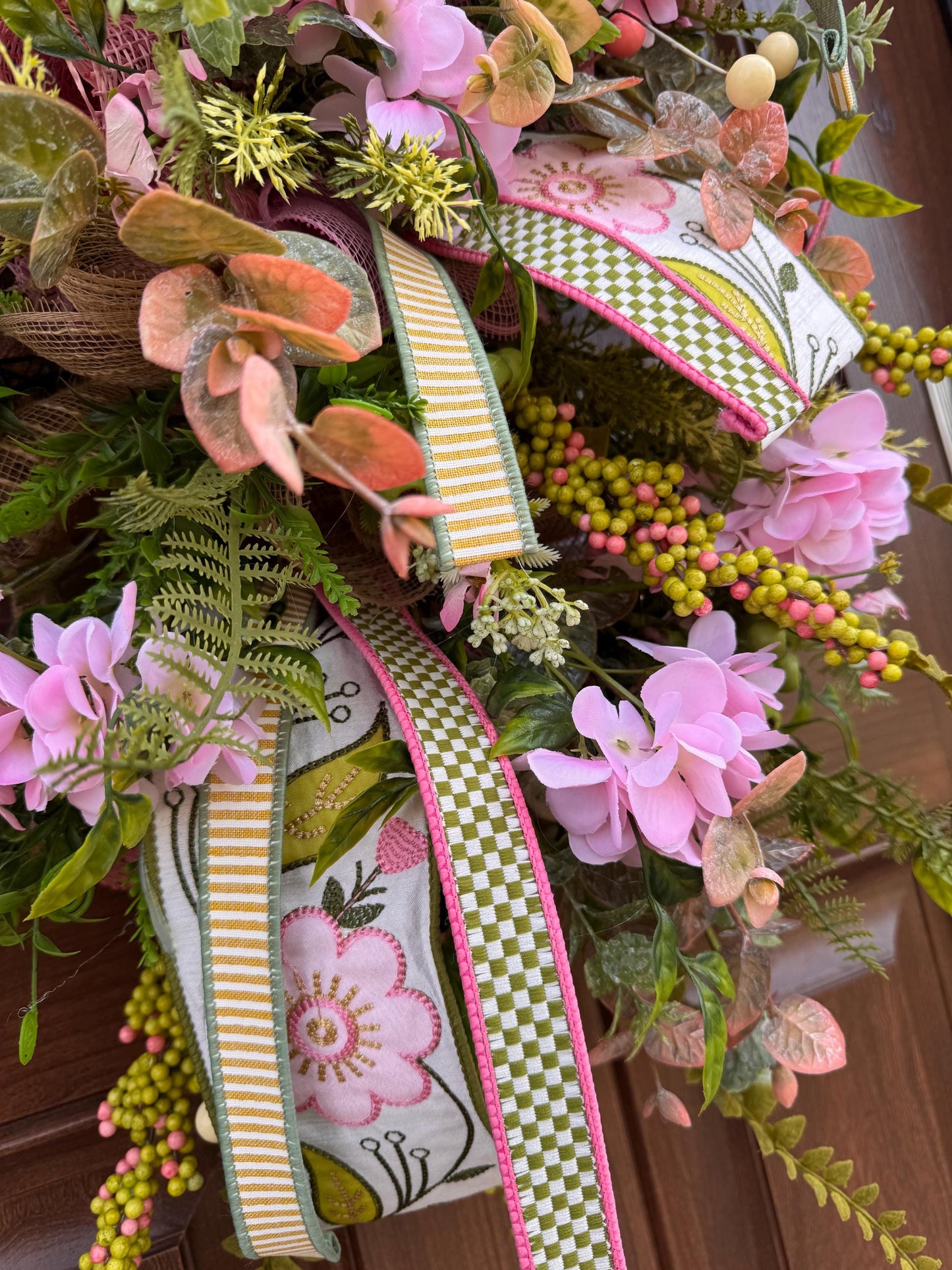 Pink Hydrangea Teardrop Door Swag | Farmhouse Cottagecore Spring Summer Floral Entryway Decor with Ribbon Bow