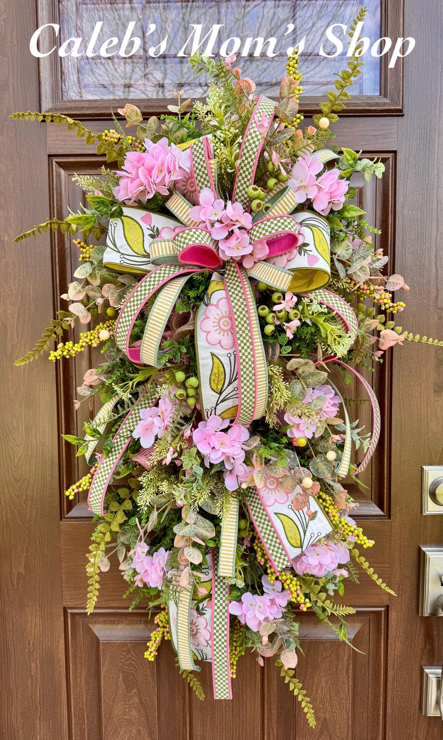 Pink Hydrangea Teardrop Door Swag | Farmhouse Cottagecore Spring Summer Floral Entryway Decor with Ribbon Bow