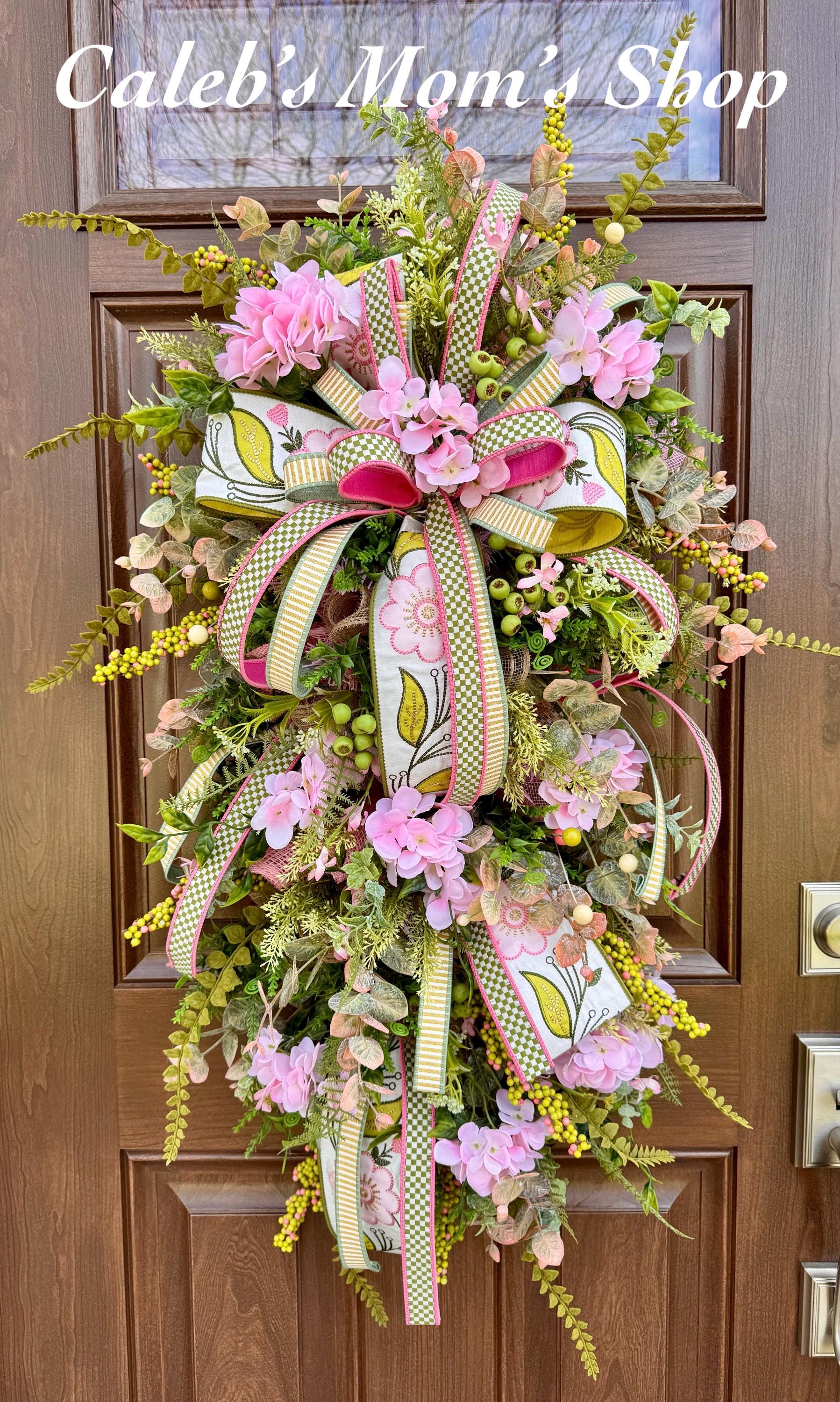 Pink Hydrangea Teardrop Door Swag | Farmhouse Cottagecore Spring Summer Floral Entryway Decor with Ribbon Bow