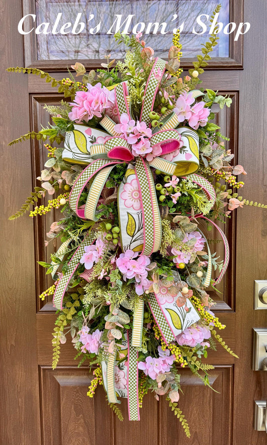Pink Hydrangea Teardrop Door Swag | Farmhouse Cottagecore Spring Summer Floral Entryway Decor with Ribbon Bow