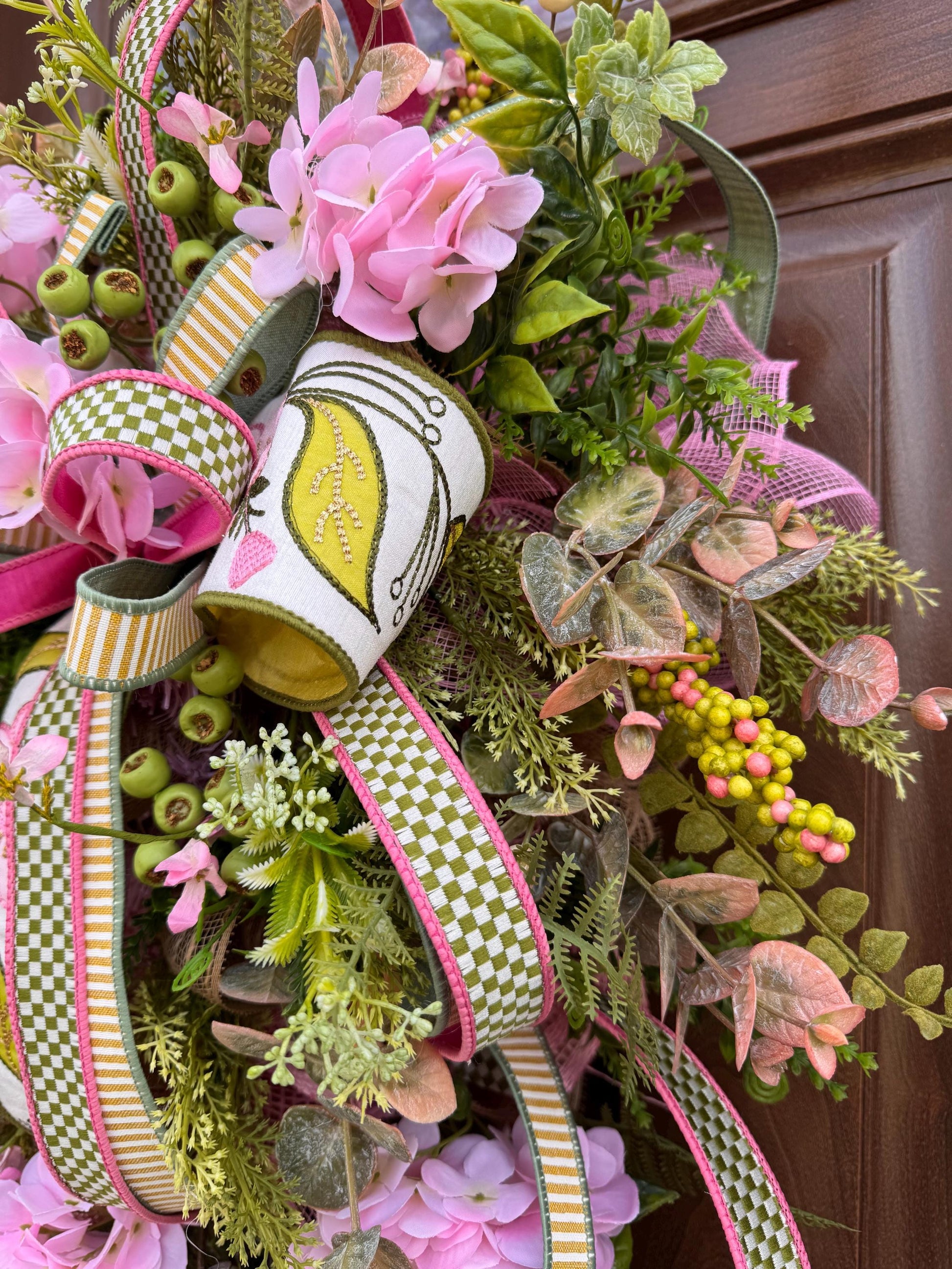 Pink Hydrangea Teardrop Door Swag | Farmhouse Cottagecore Spring Summer Floral Entryway Decor with Ribbon Bow