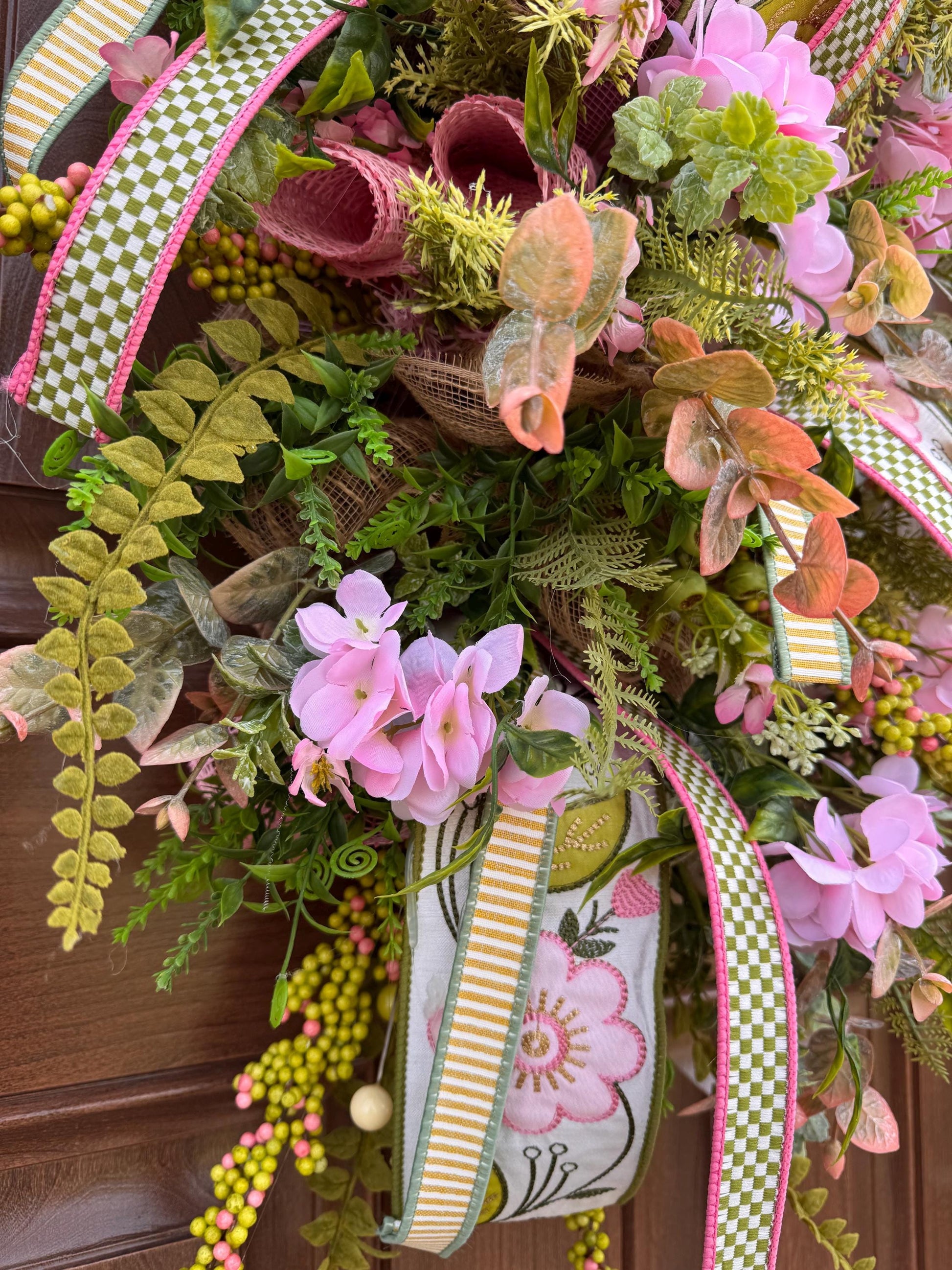 Pink Hydrangea Teardrop Door Swag | Farmhouse Cottagecore Spring Summer Floral Entryway Decor with Ribbon Bow