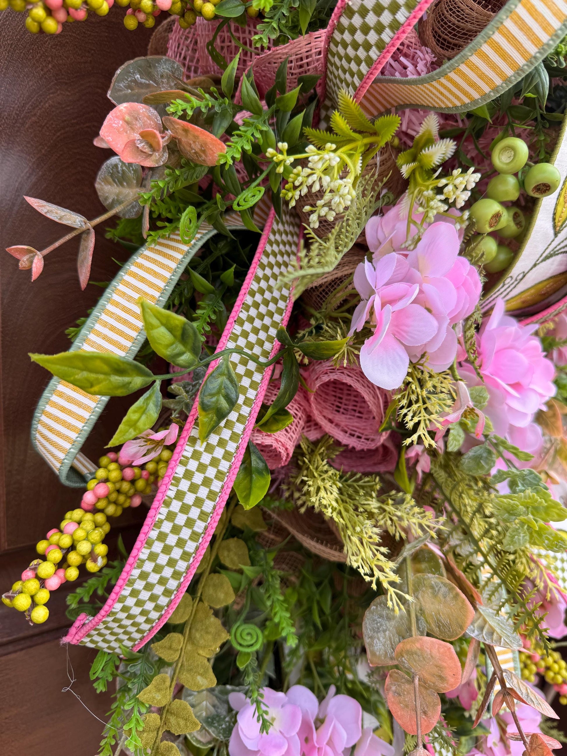 Pink Hydrangea Teardrop Door Swag | Farmhouse Cottagecore Spring Summer Floral Entryway Decor with Ribbon Bow