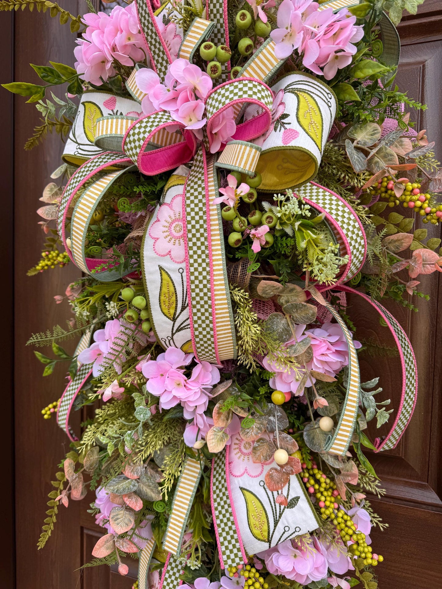 Pink Hydrangea Teardrop Door Swag | Farmhouse Cottagecore Spring Summer Floral Entryway Decor with Ribbon Bow