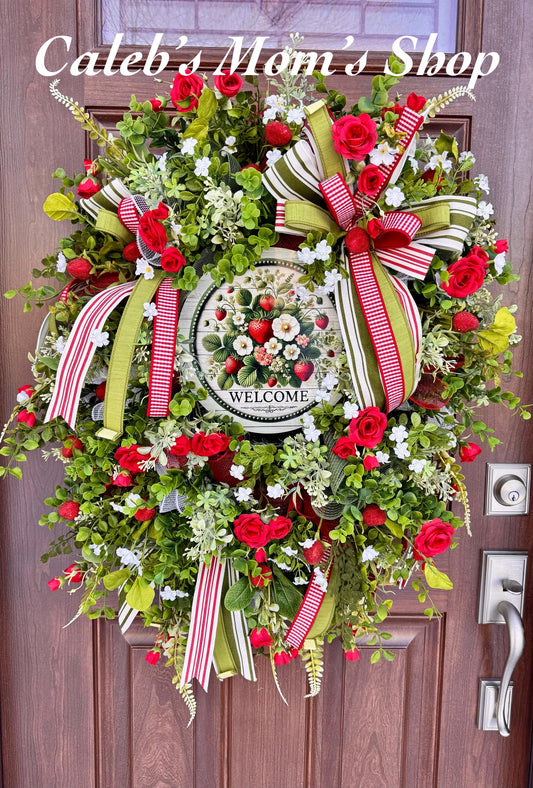 Strawberry Wreath for Front Door, Summer Strawberry Decor, Farmhouse Floral Wreath, Red Green Welcome Wreath, Spring Summer Door Decor
