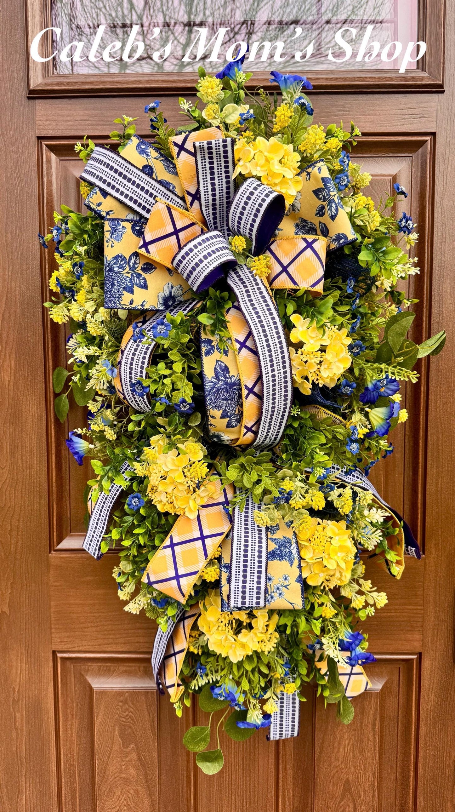 Spring Floral Wreath for Front Door, Blue Yellow Wreath, Mothers Day Gift for Her, Handmade Summer Wreath, Farmhouse Decor