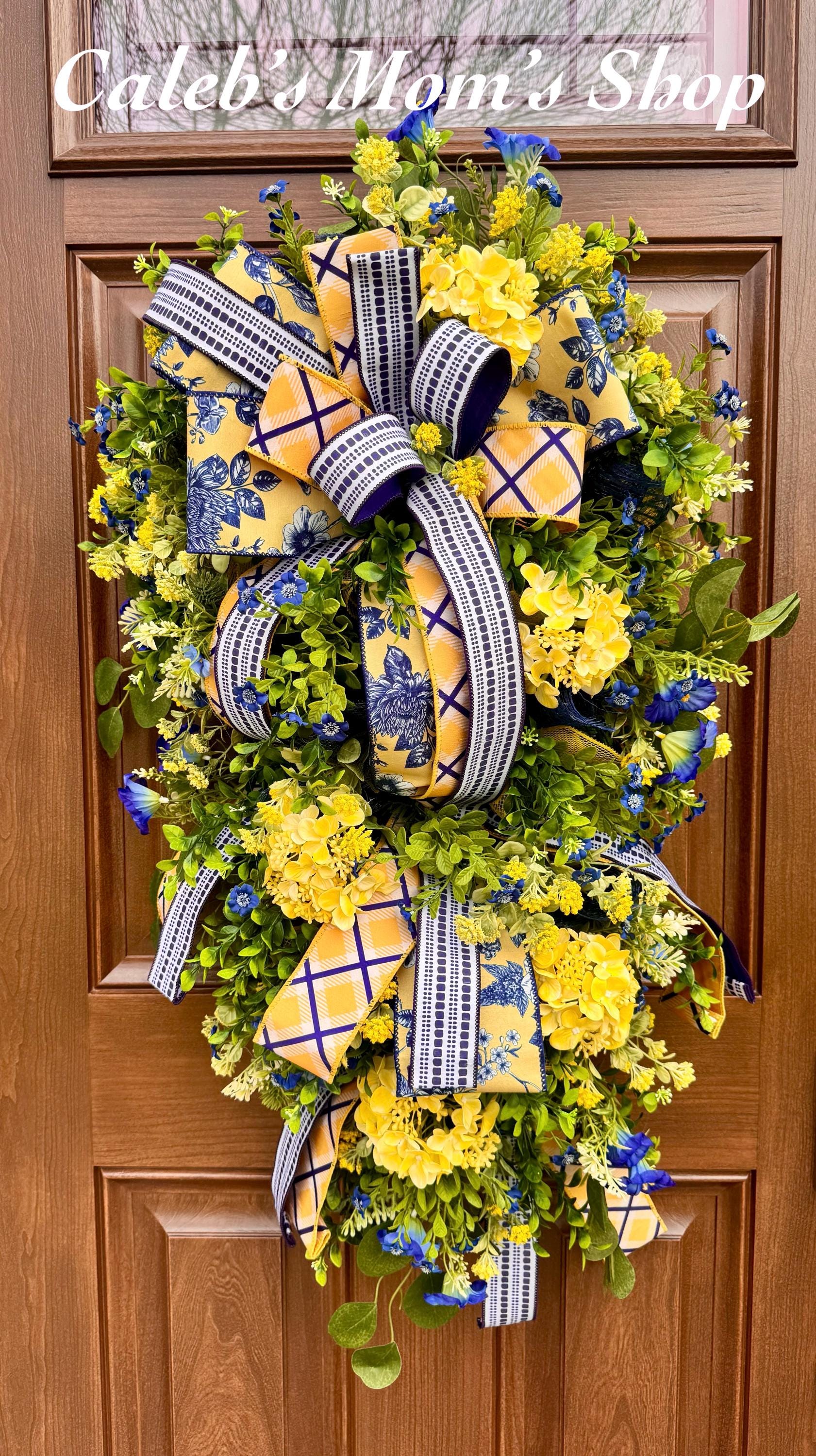 Spring Floral Wreath for Front Door, Blue Yellow Wreath, Mothers Day Gift for Her, Handmade Summer Wreath, Farmhouse Decor