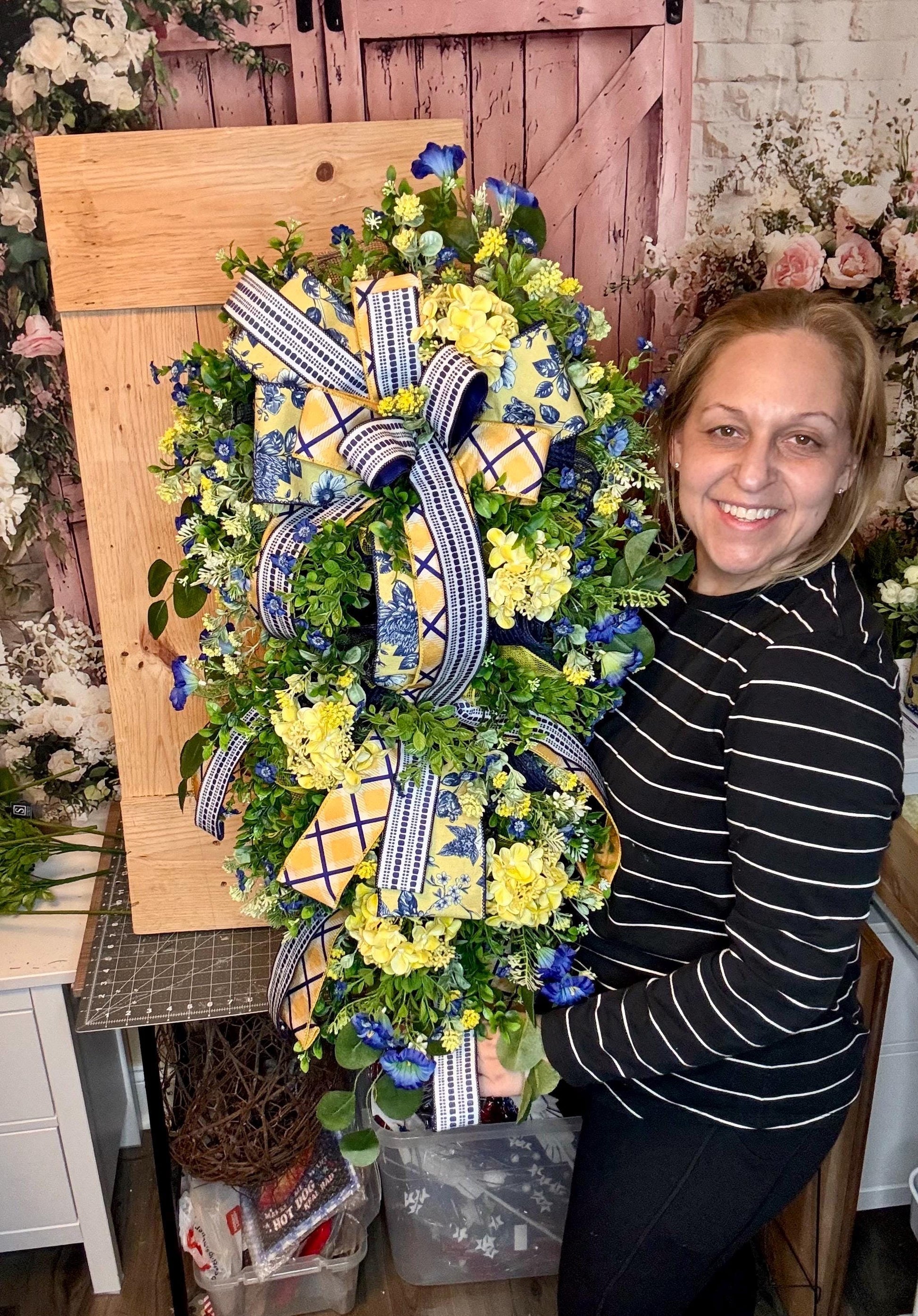 Spring Floral Wreath for Front Door, Blue Yellow Wreath, Mothers Day Gift for Her, Handmade Summer Wreath, Farmhouse Decor