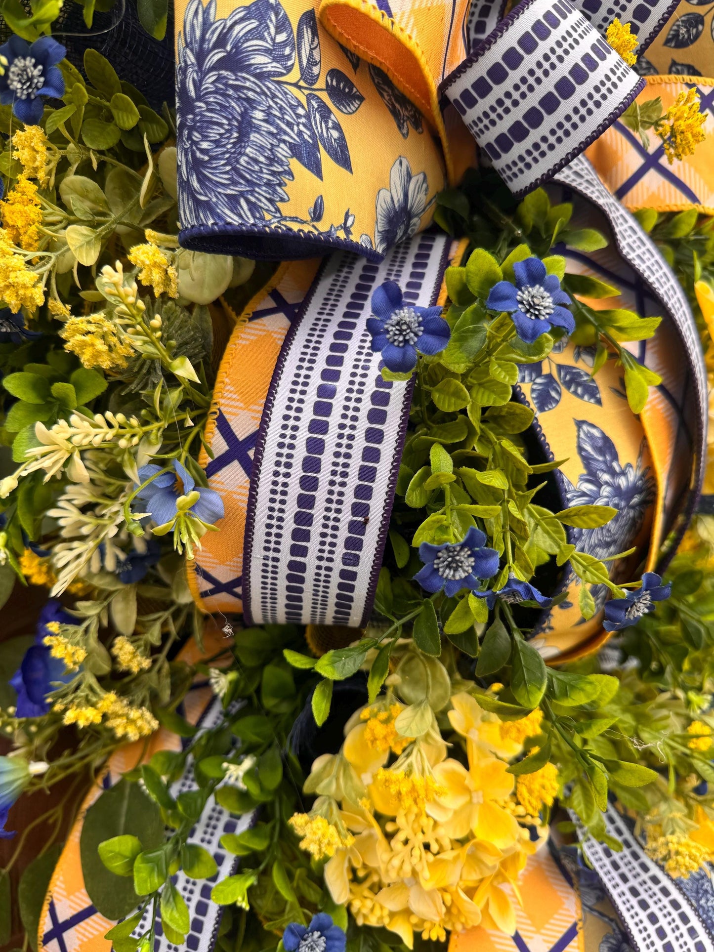 Spring Floral Wreath for Front Door, Blue Yellow Wreath, Mothers Day Gift for Her, Handmade Summer Wreath, Farmhouse Decor