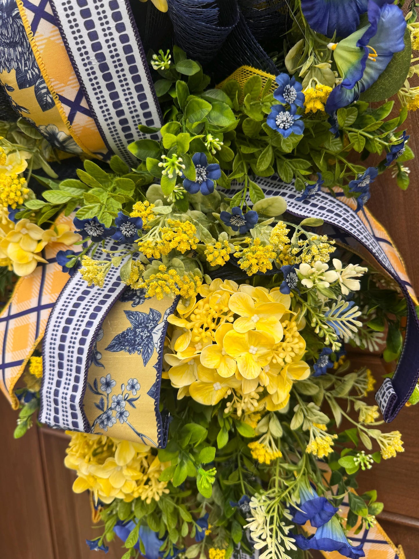Spring Floral Wreath for Front Door, Blue Yellow Wreath, Mothers Day Gift for Her, Handmade Summer Wreath, Farmhouse Decor