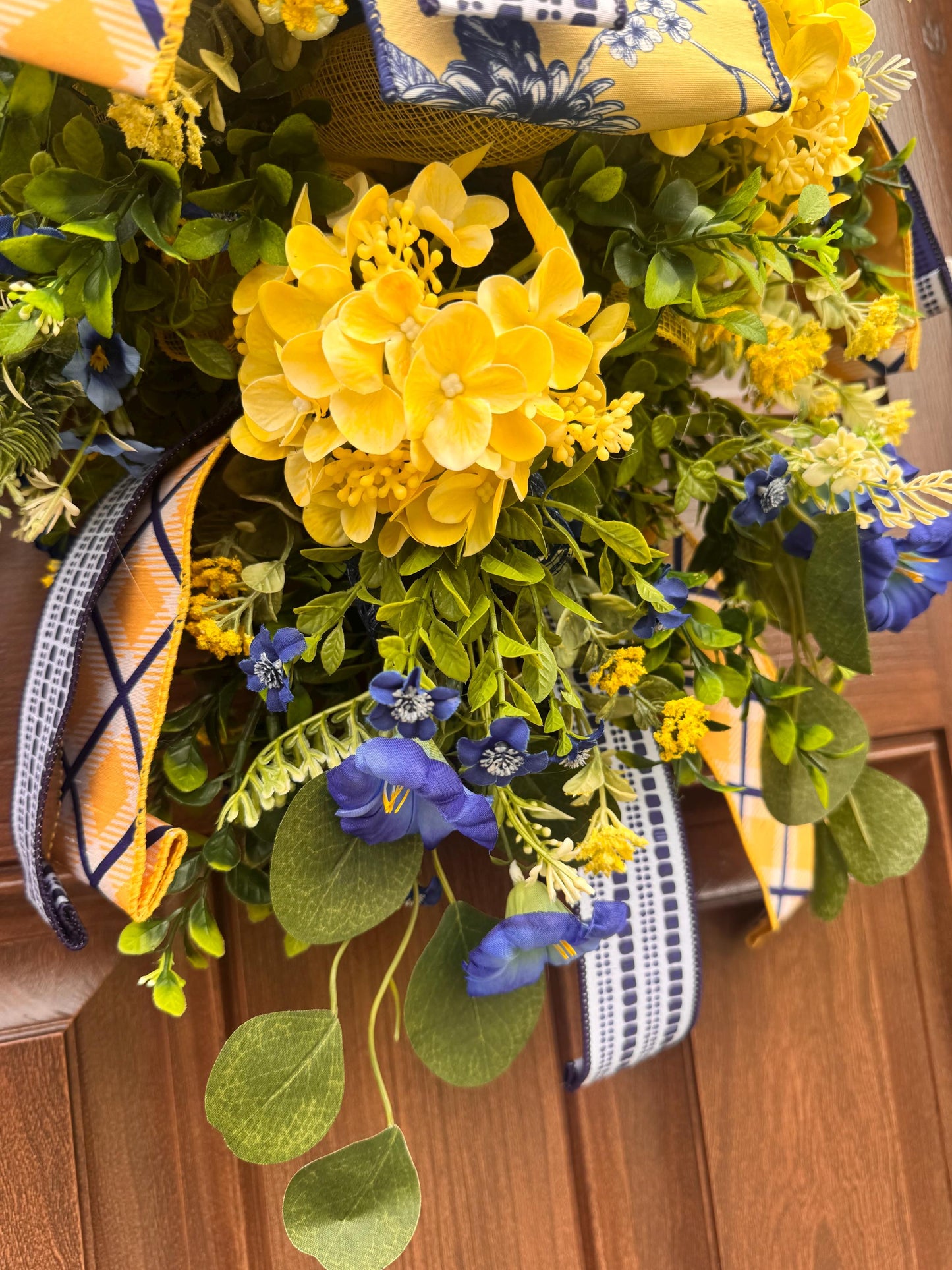 Spring Floral Wreath for Front Door, Blue Yellow Wreath, Mothers Day Gift for Her, Handmade Summer Wreath, Farmhouse Decor