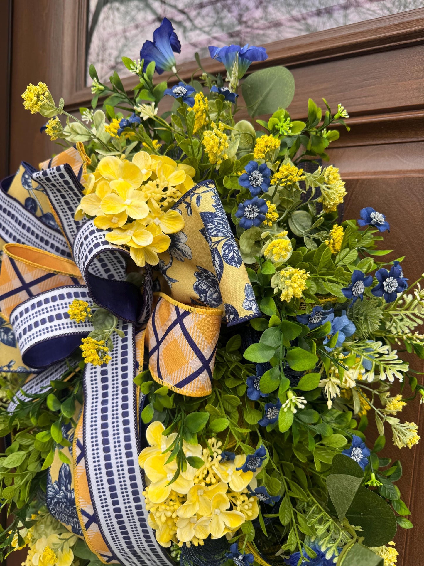 Spring Floral Wreath for Front Door, Blue Yellow Wreath, Mothers Day Gift for Her, Handmade Summer Wreath, Farmhouse Decor