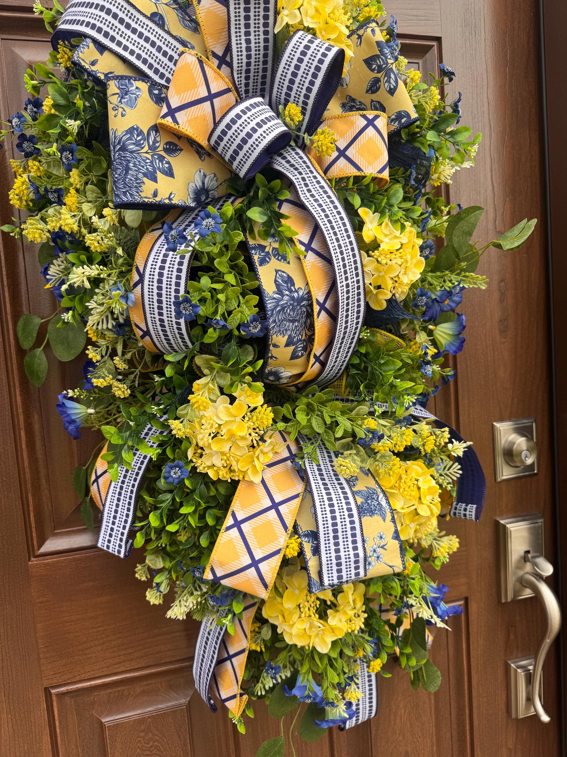 Spring Floral Wreath for Front Door, Blue Yellow Wreath, Mothers Day Gift for Her, Handmade Summer Wreath, Farmhouse Decor