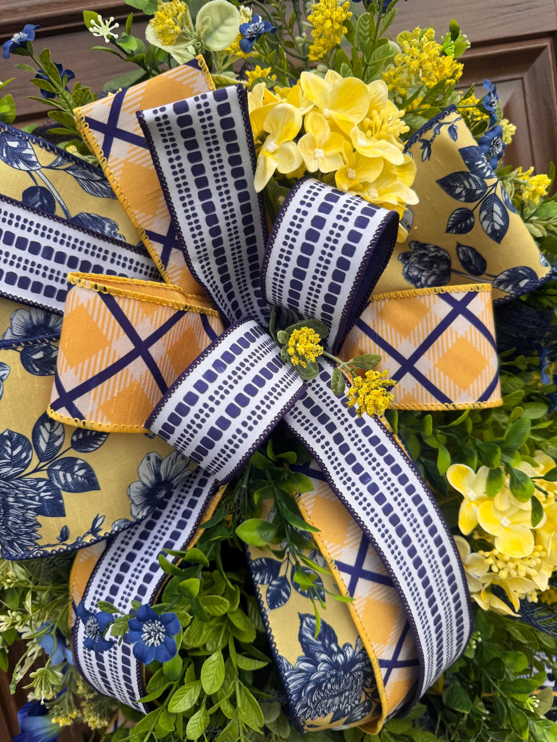 Spring Floral Wreath for Front Door, Blue Yellow Wreath, Mothers Day Gift for Her, Handmade Summer Wreath, Farmhouse Decor