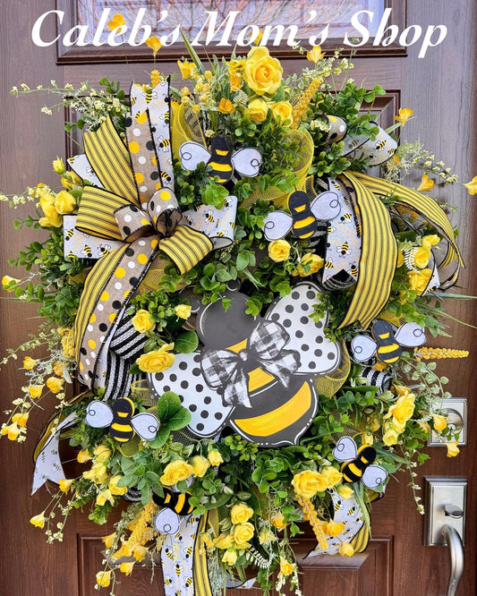 Bumblebee Front Door Wreath Yellow Roses Deco Mesh | Whimsical Farmhouse Spring Summer Bee Decor