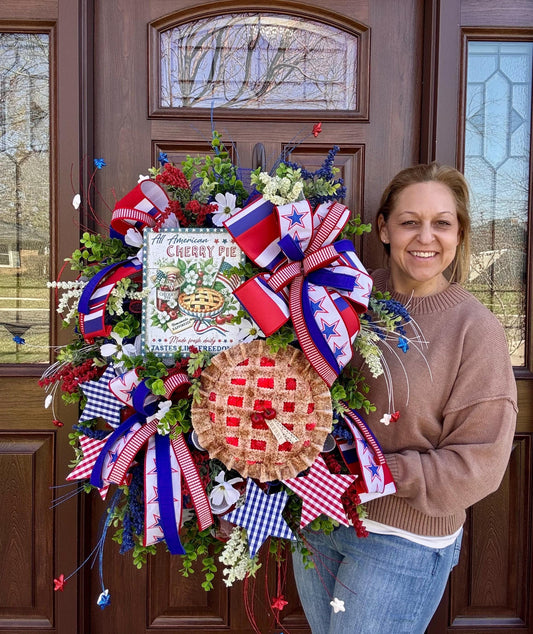 Patriotic Cherry Pie Wreath, 4th of July Front Door Decor, Americana Summer Wreath, Red White Blue Rustic Farmhouse Wreath