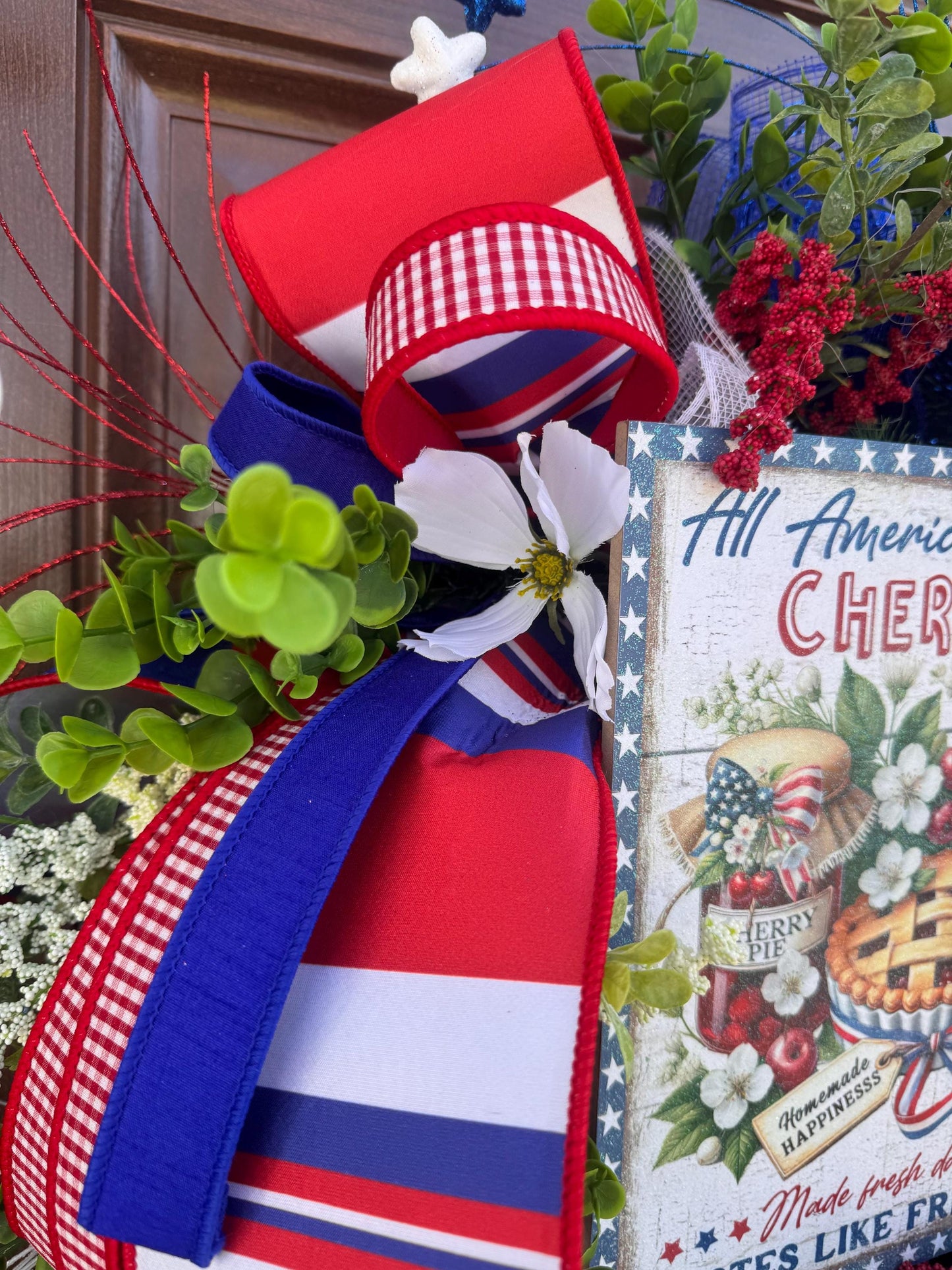 Patriotic Cherry Pie Wreath, 4th of July Front Door Decor, Americana Summer Wreath, Red White Blue Rustic Farmhouse Wreath