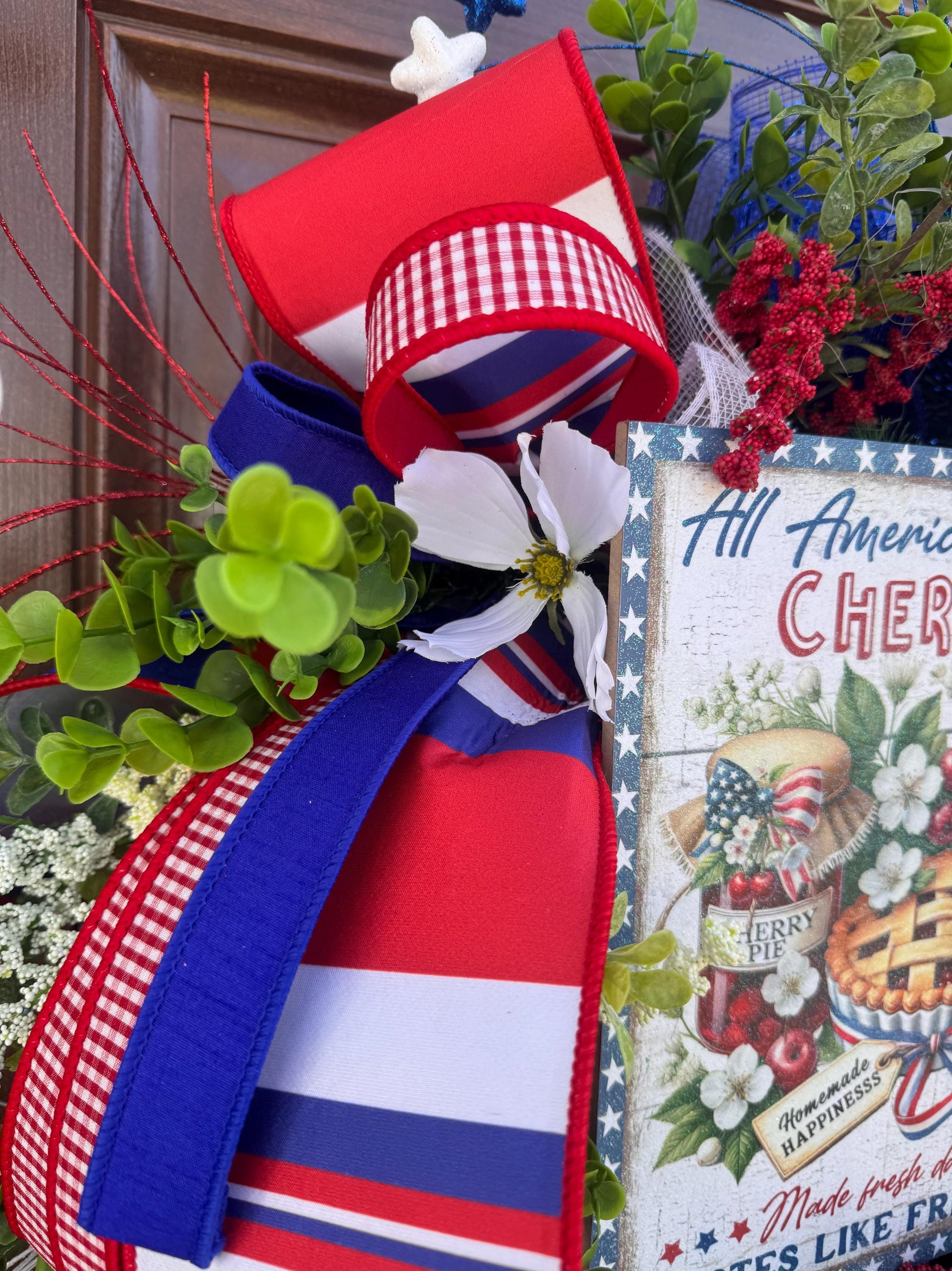 Patriotic Cherry Pie Wreath, 4th of July Front Door Decor, Americana Summer Wreath, Red White Blue Rustic Farmhouse Wreath