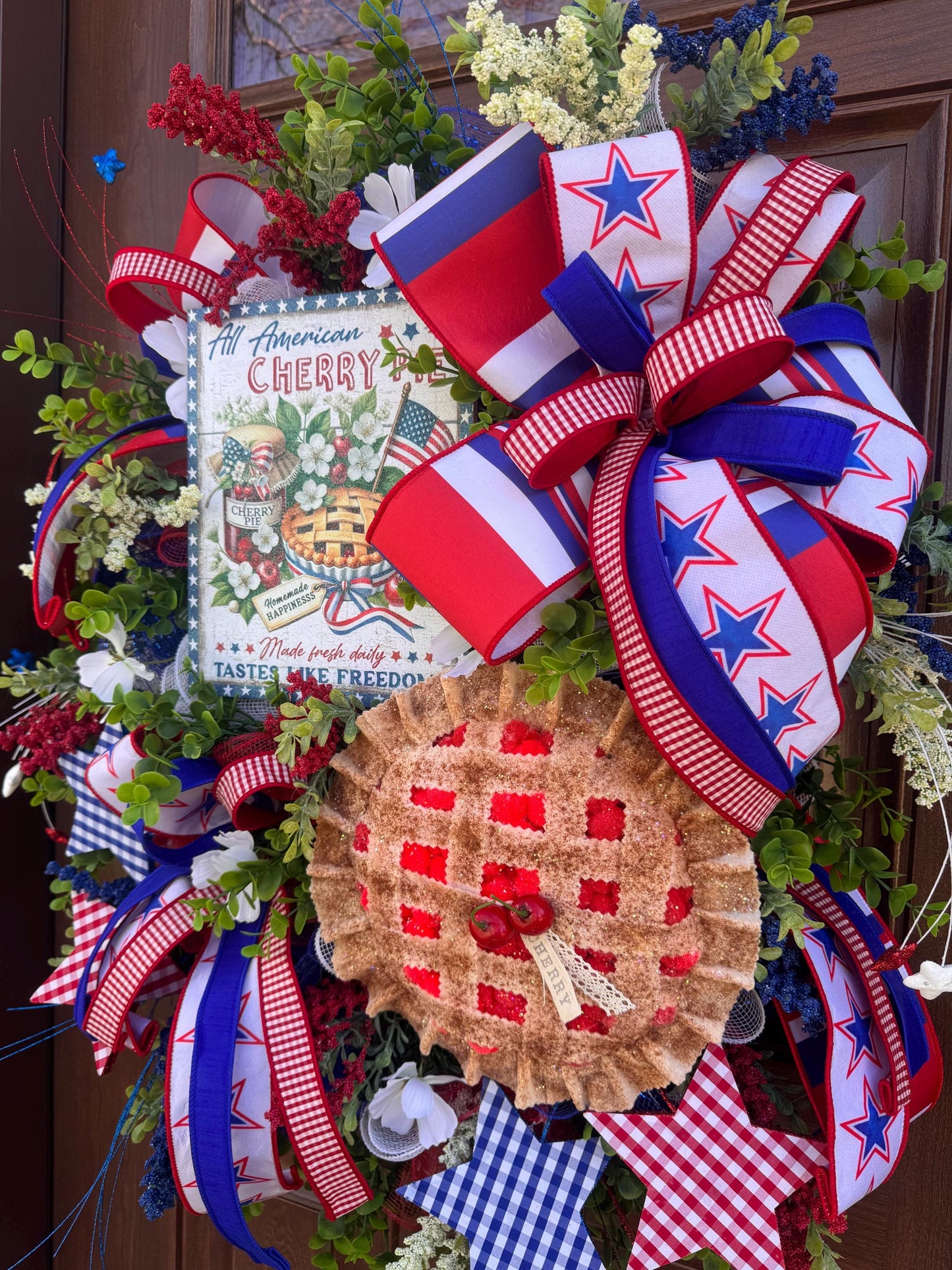 Patriotic Cherry Pie Wreath, 4th of July Front Door Decor, Americana Summer Wreath, Red White Blue Rustic Farmhouse Wreath