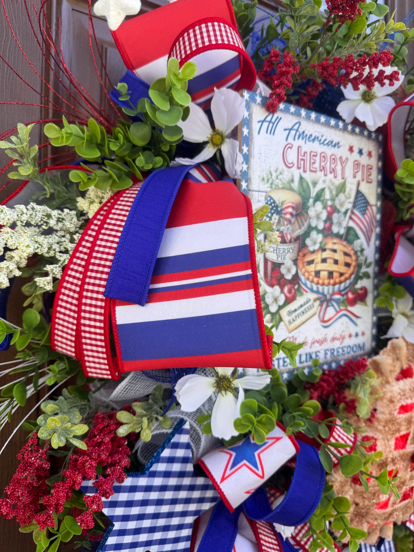 Patriotic Cherry Pie Wreath, 4th of July Front Door Decor, Americana Summer Wreath, Red White Blue Rustic Farmhouse Wreath