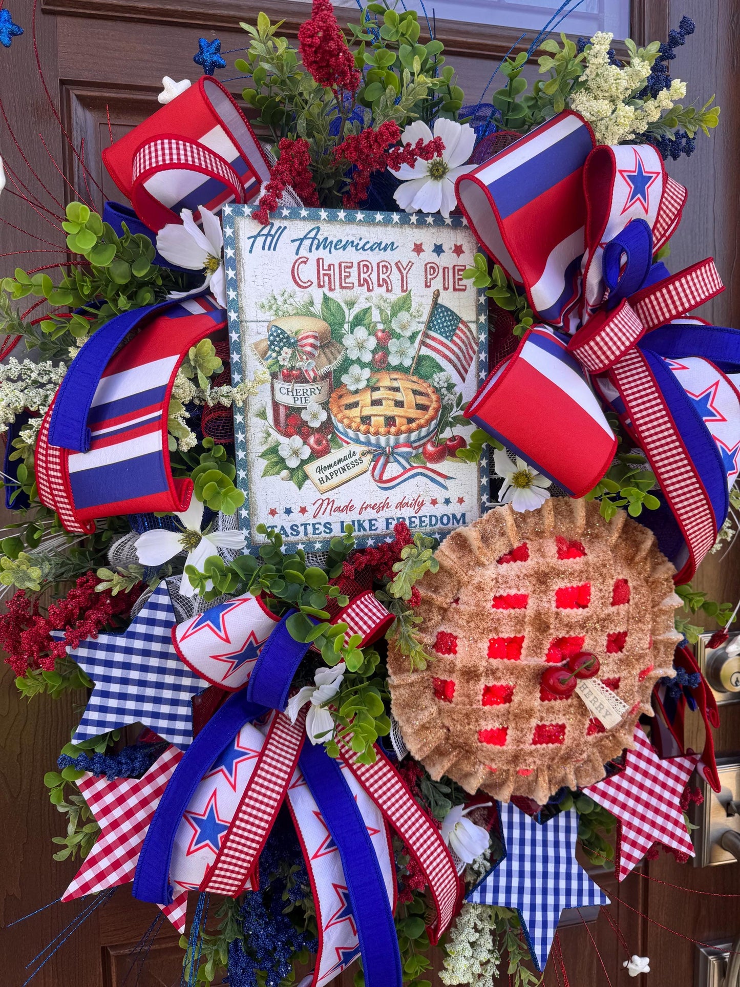 Patriotic Cherry Pie Wreath, 4th of July Front Door Decor, Americana Summer Wreath, Red White Blue Rustic Farmhouse Wreath