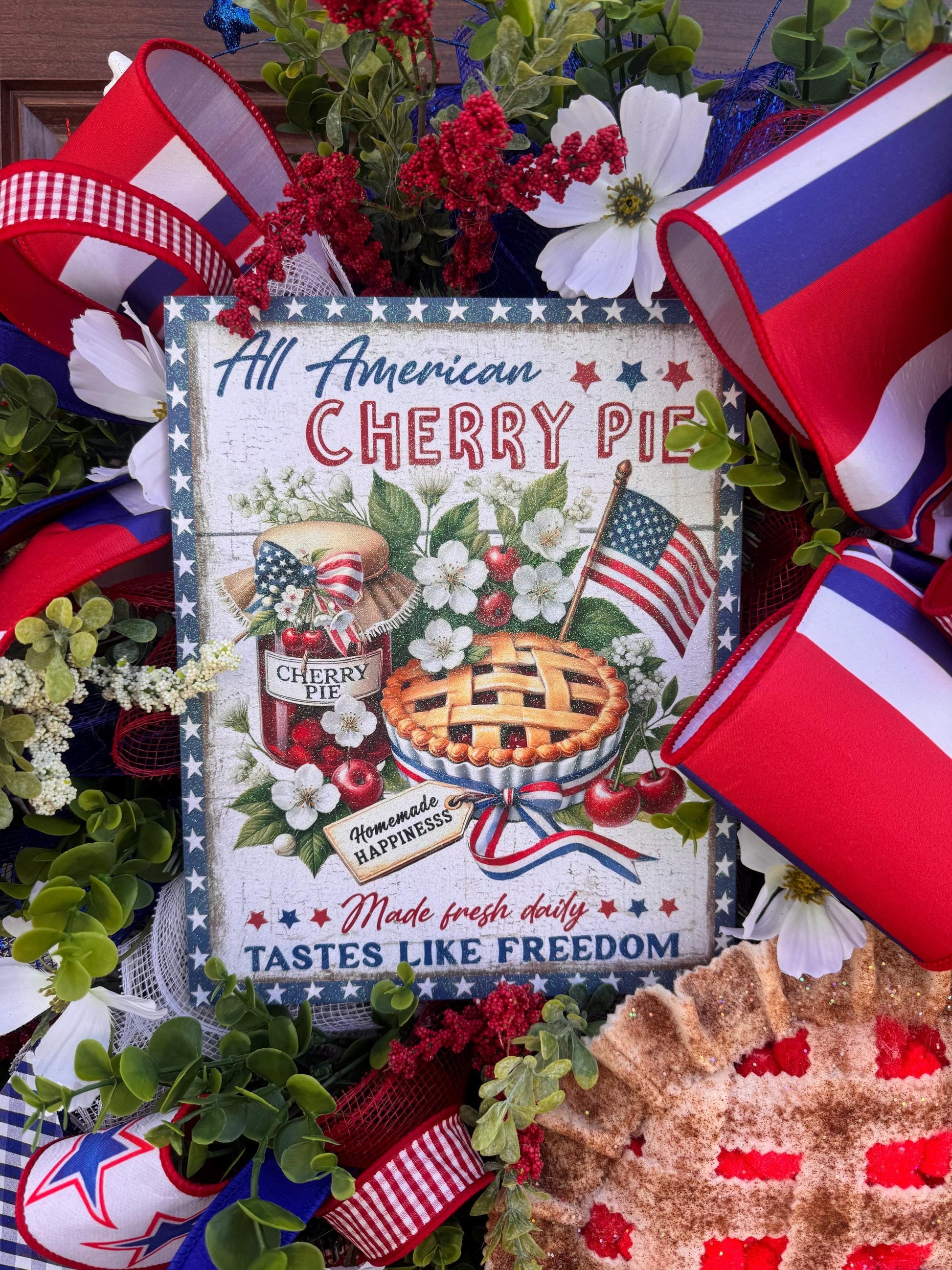 Patriotic Cherry Pie Wreath, 4th of July Front Door Decor, Americana Summer Wreath, Red White Blue Rustic Farmhouse Wreath
