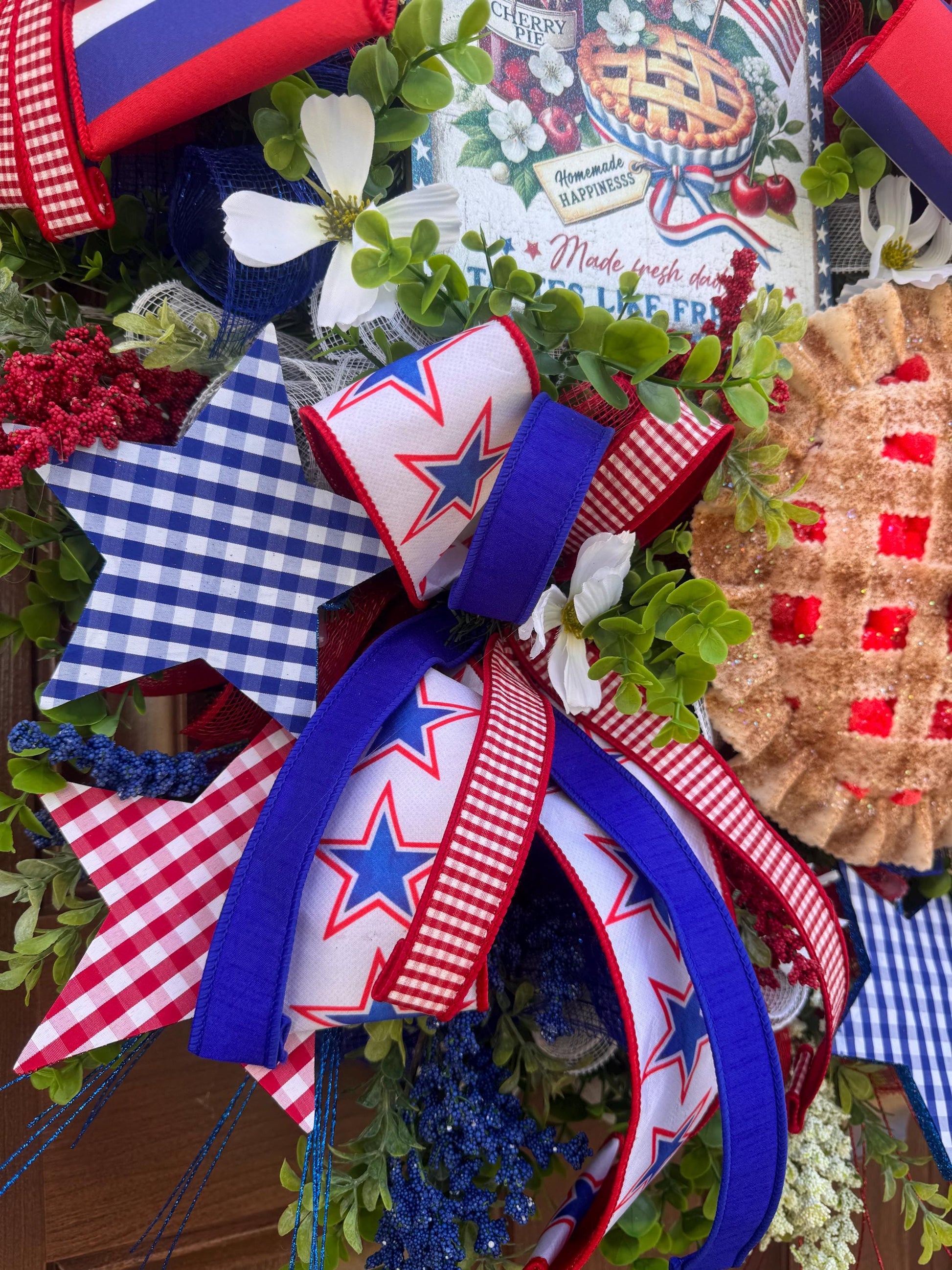 Patriotic Cherry Pie Wreath, 4th of July Front Door Decor, Americana Summer Wreath, Red White Blue Rustic Farmhouse Wreath