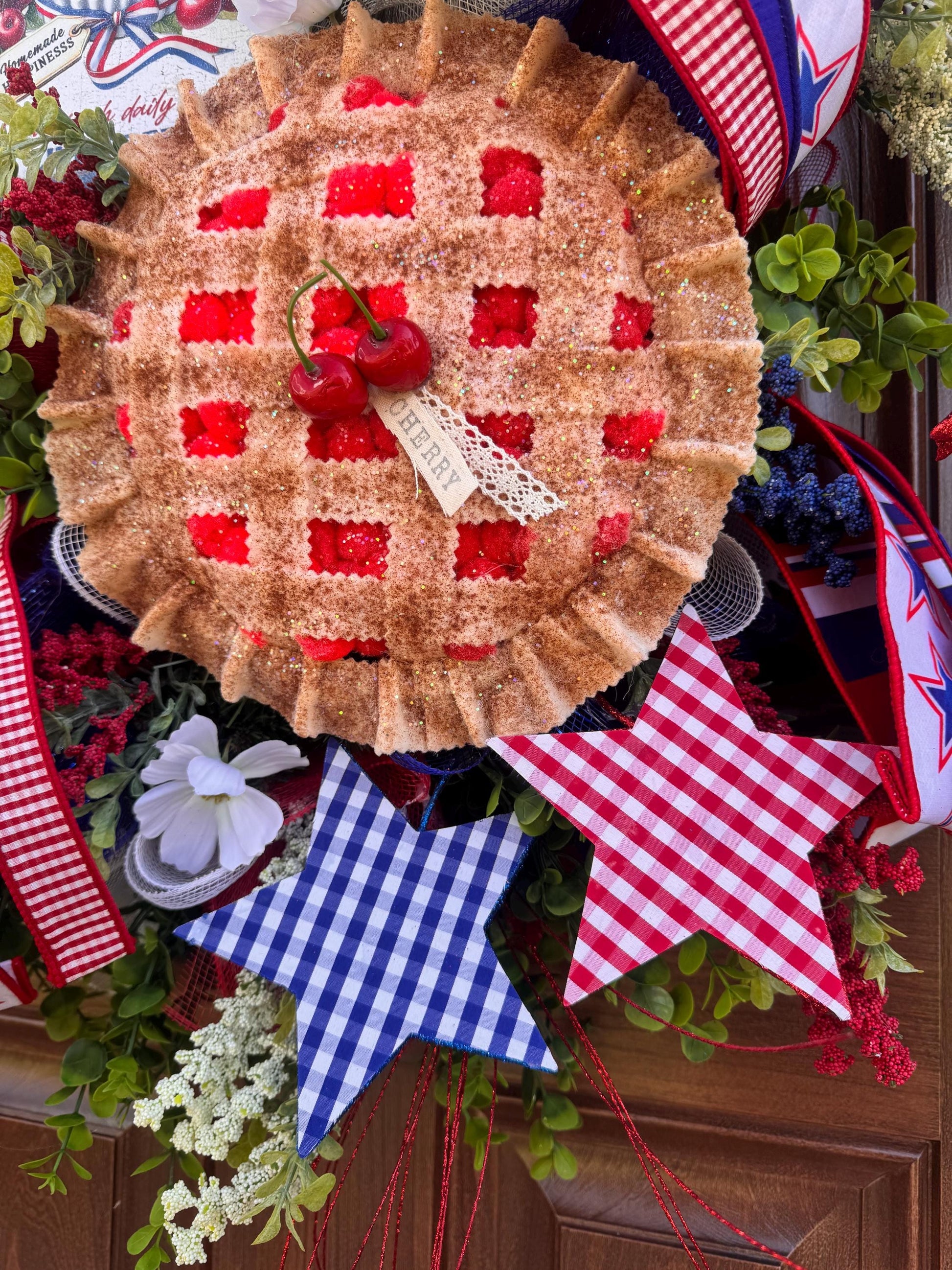 Patriotic Cherry Pie Wreath, 4th of July Front Door Decor, Americana Summer Wreath, Red White Blue Rustic Farmhouse Wreath
