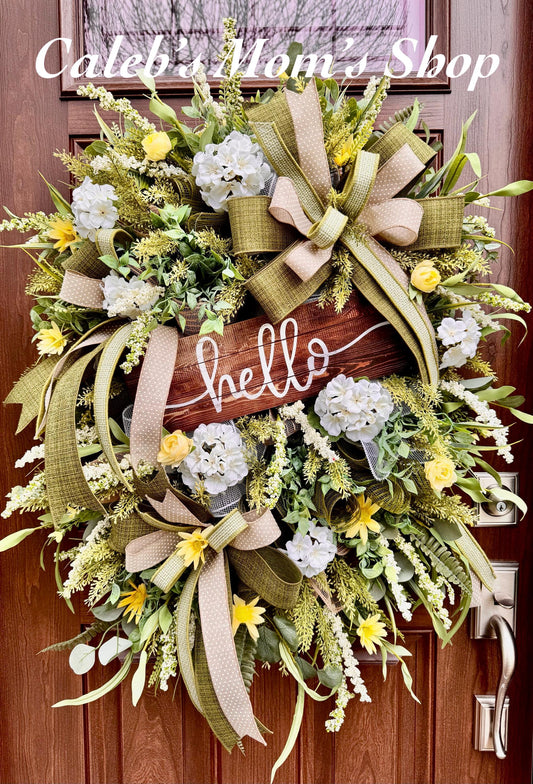 Spring Floral Wreath, Rustic Welcome Door Wreath, Greenery Hydrangea Wreath, Farmhouse Front Door Decor