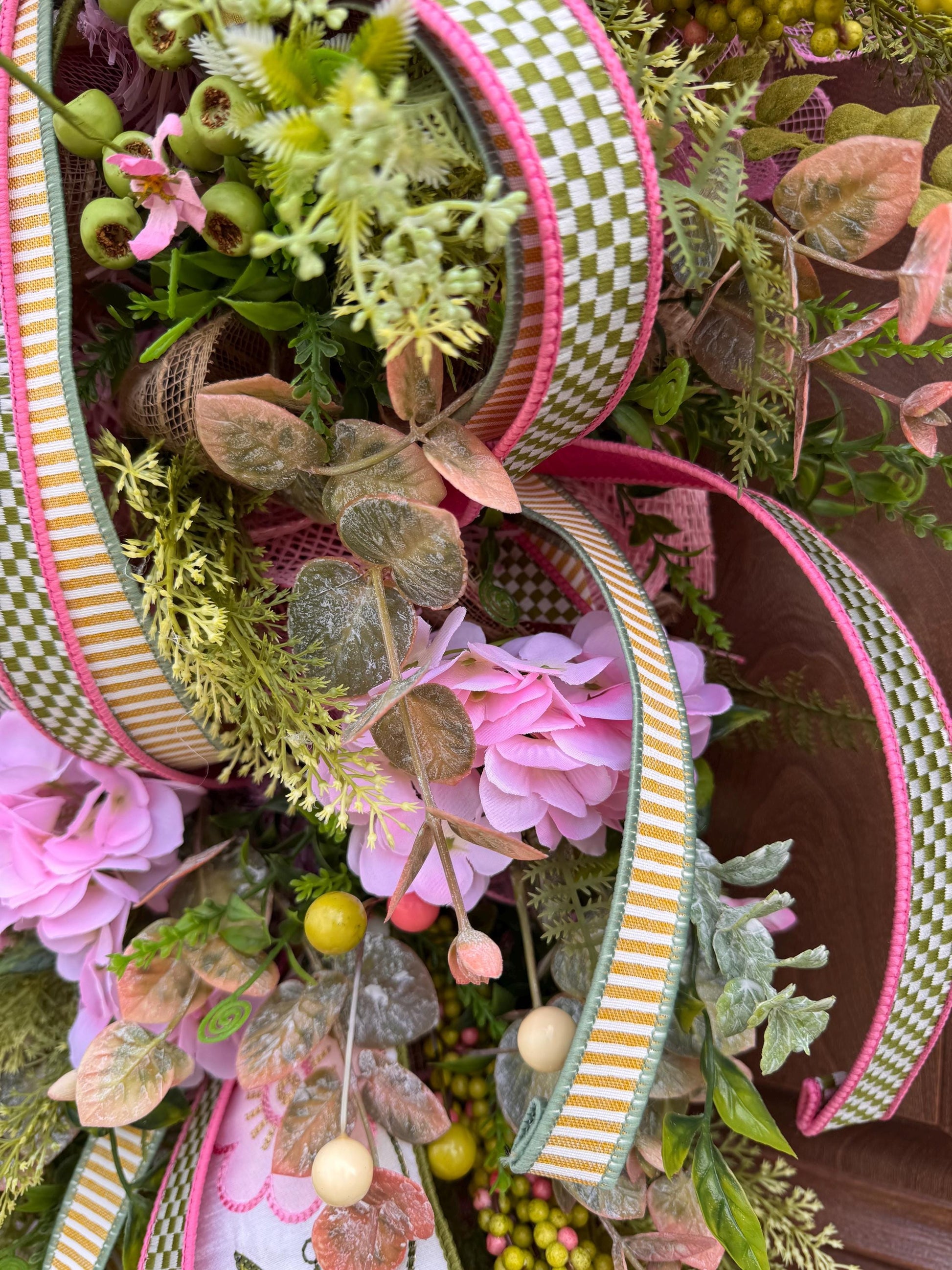 Pink Hydrangea Teardrop Door Swag | Farmhouse Cottagecore Spring Summer Floral Entryway Decor with Ribbon Bow