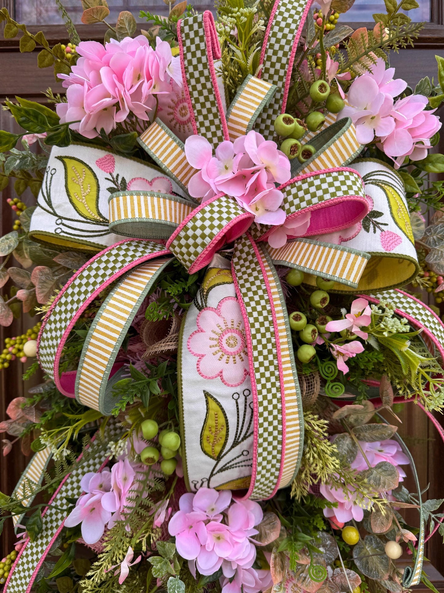 Pink Hydrangea Teardrop Door Swag | Farmhouse Cottagecore Spring Summer Floral Entryway Decor with Ribbon Bow
