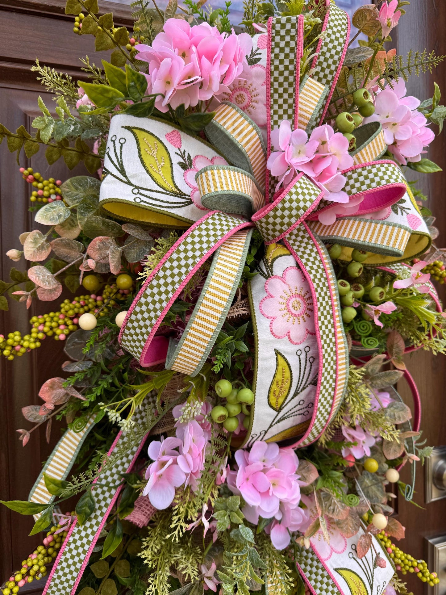 Pink Hydrangea Teardrop Door Swag | Farmhouse Cottagecore Spring Summer Floral Entryway Decor with Ribbon Bow