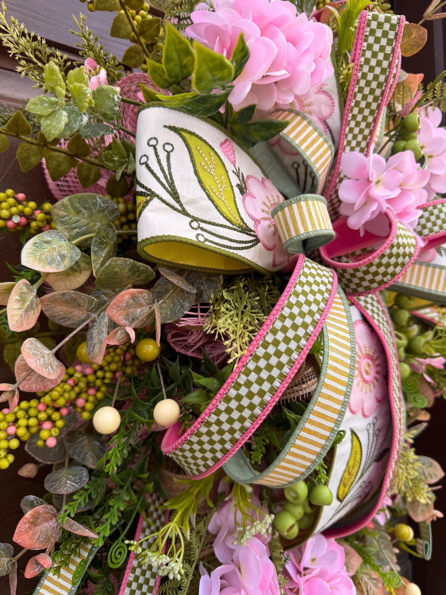 Pink Hydrangea Teardrop Door Swag | Farmhouse Cottagecore Spring Summer Floral Entryway Decor with Ribbon Bow