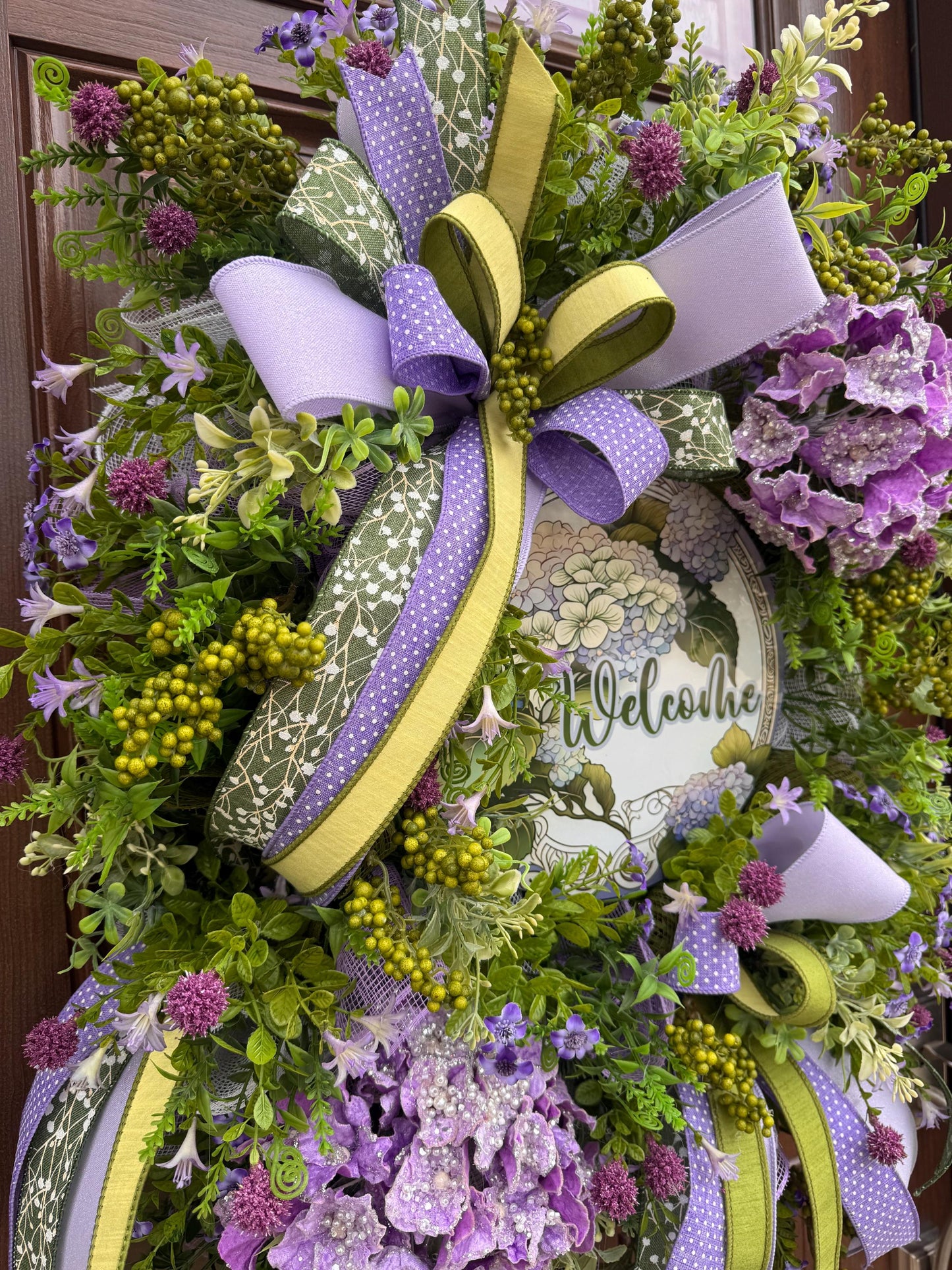 Purple Hydrangea Spring Wreath for Front Door, Welcome Wreath, Lavender Green Floral Wreath, Farmhouse Door Decor, Summer Wreath